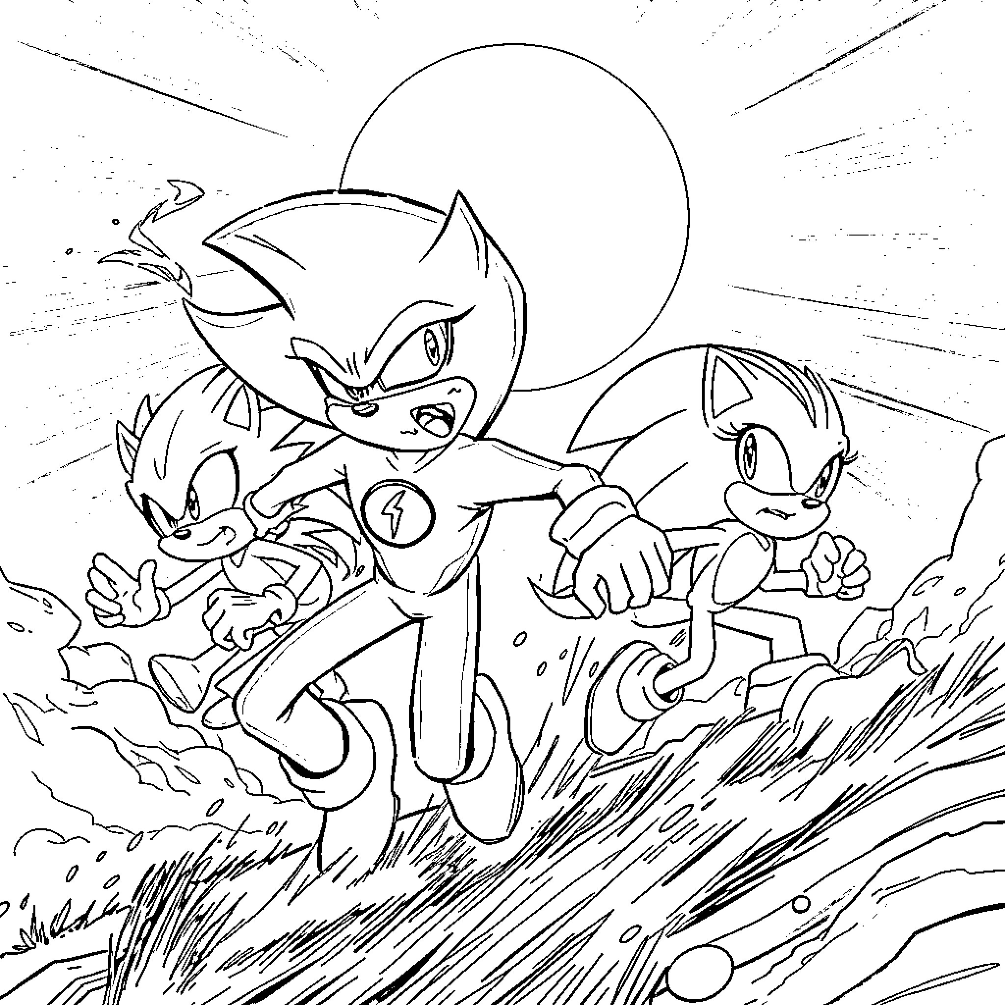 Flash Sonic and Friends Adventure in the Wilderness Coloring Page (free black-and-white line drawing printable PDF for all, from beginners to advanced learners, including children, teens, adults, and seniors)