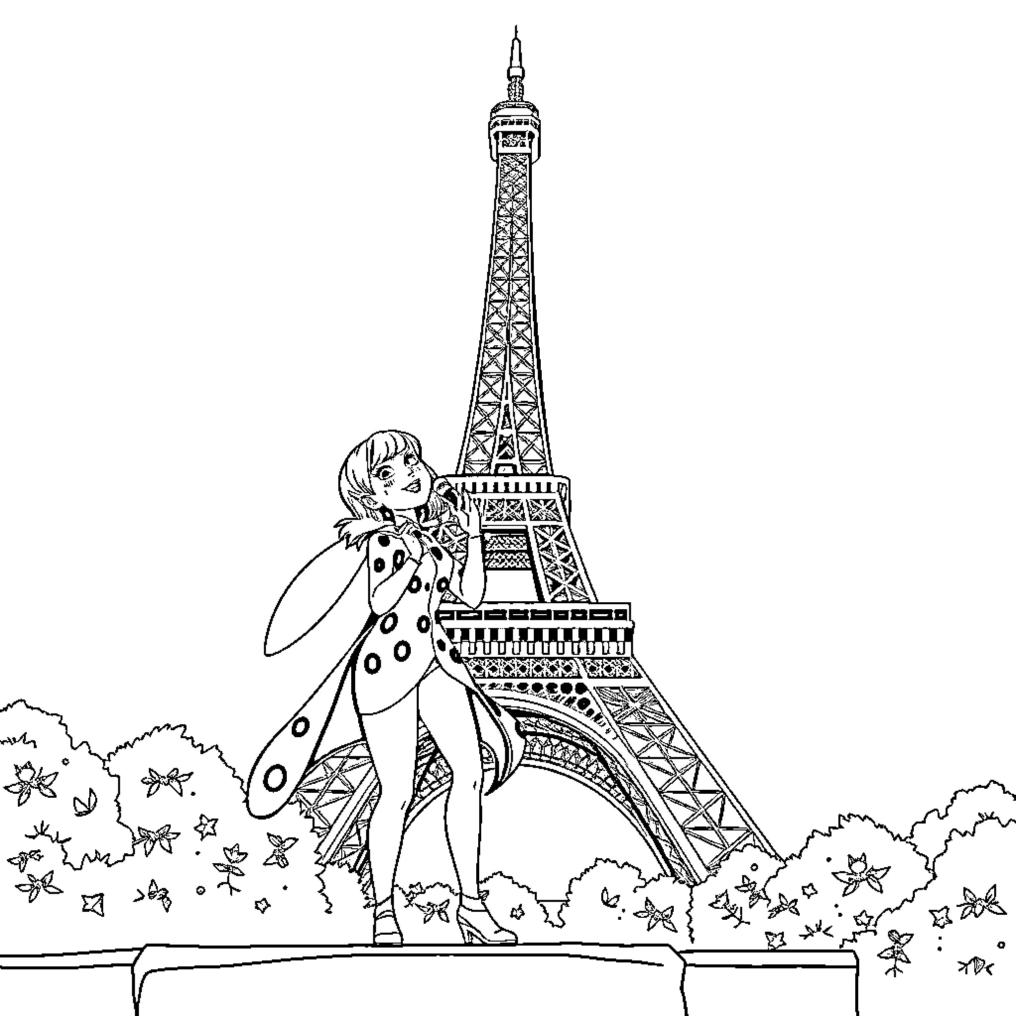 Ladybug exploring the Eiffel Tower with wonder Coloring Page (free black-and-white line drawing printable PDF for all, from beginners to advanced learners, including children, teens, adults, and seniors)