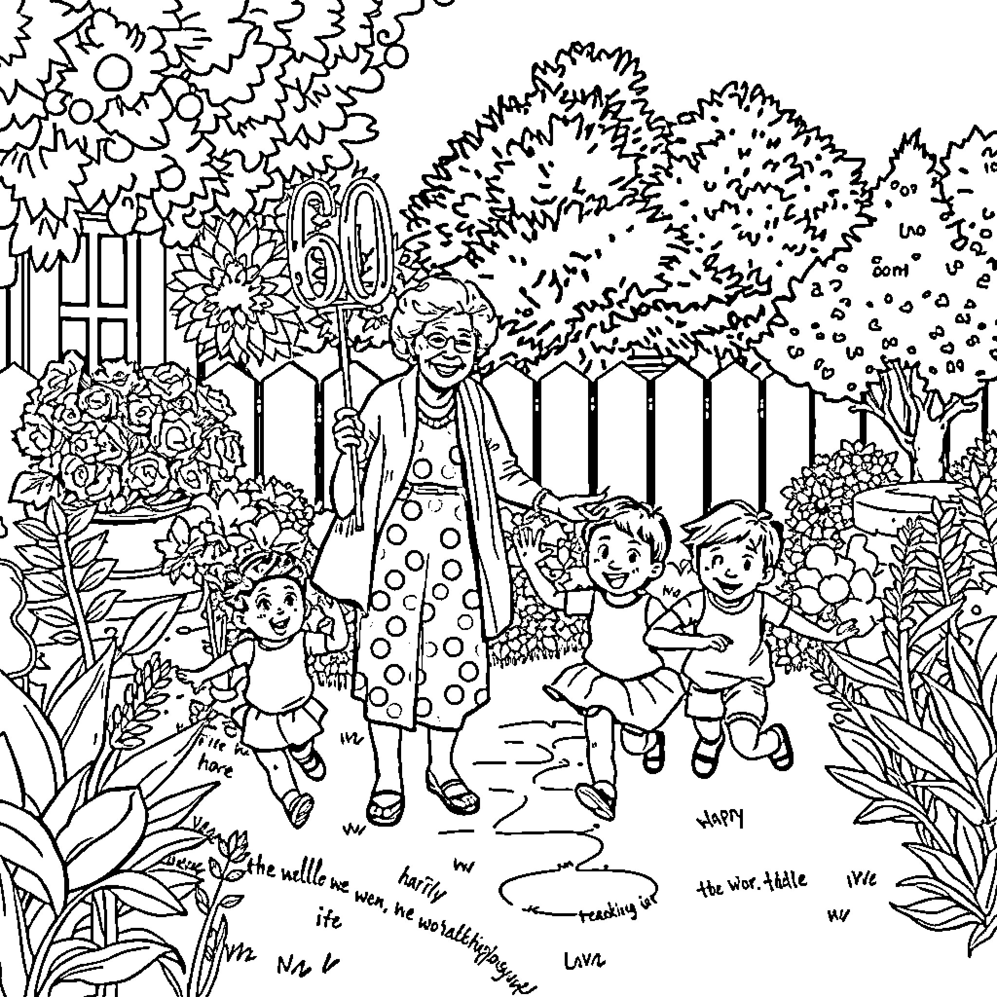 Grandma walking with her grandchildren in a lush garden Coloring Page (free black-and-white line drawing printable PDF for all, from beginners to advanced learners, including children, teens, adults, and seniors)