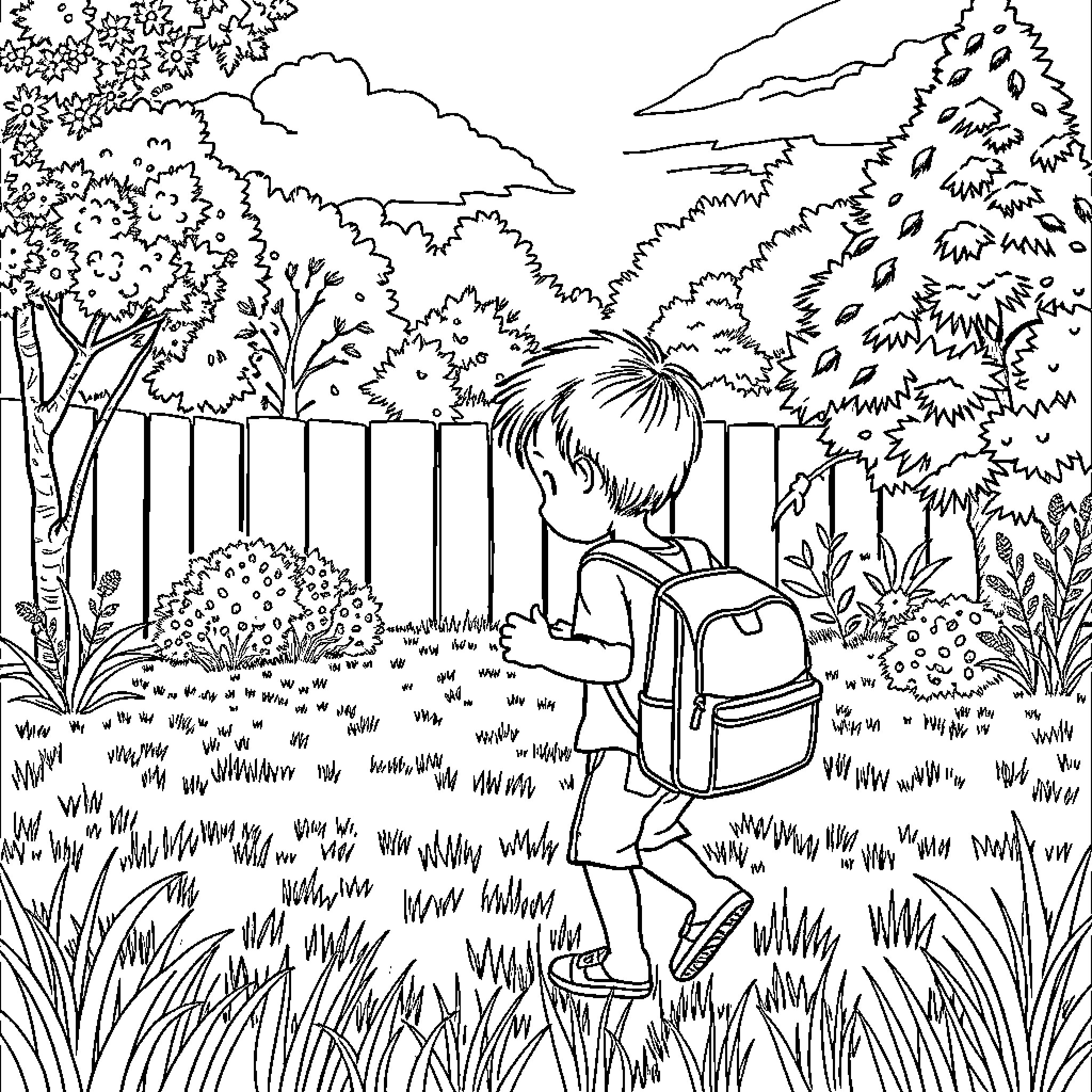 Boy exploring the lush outdoor landscape Coloring Page (free black-and-white line drawing printable PDF for all, from beginners to advanced learners, including children, teens, adults, and seniors)
