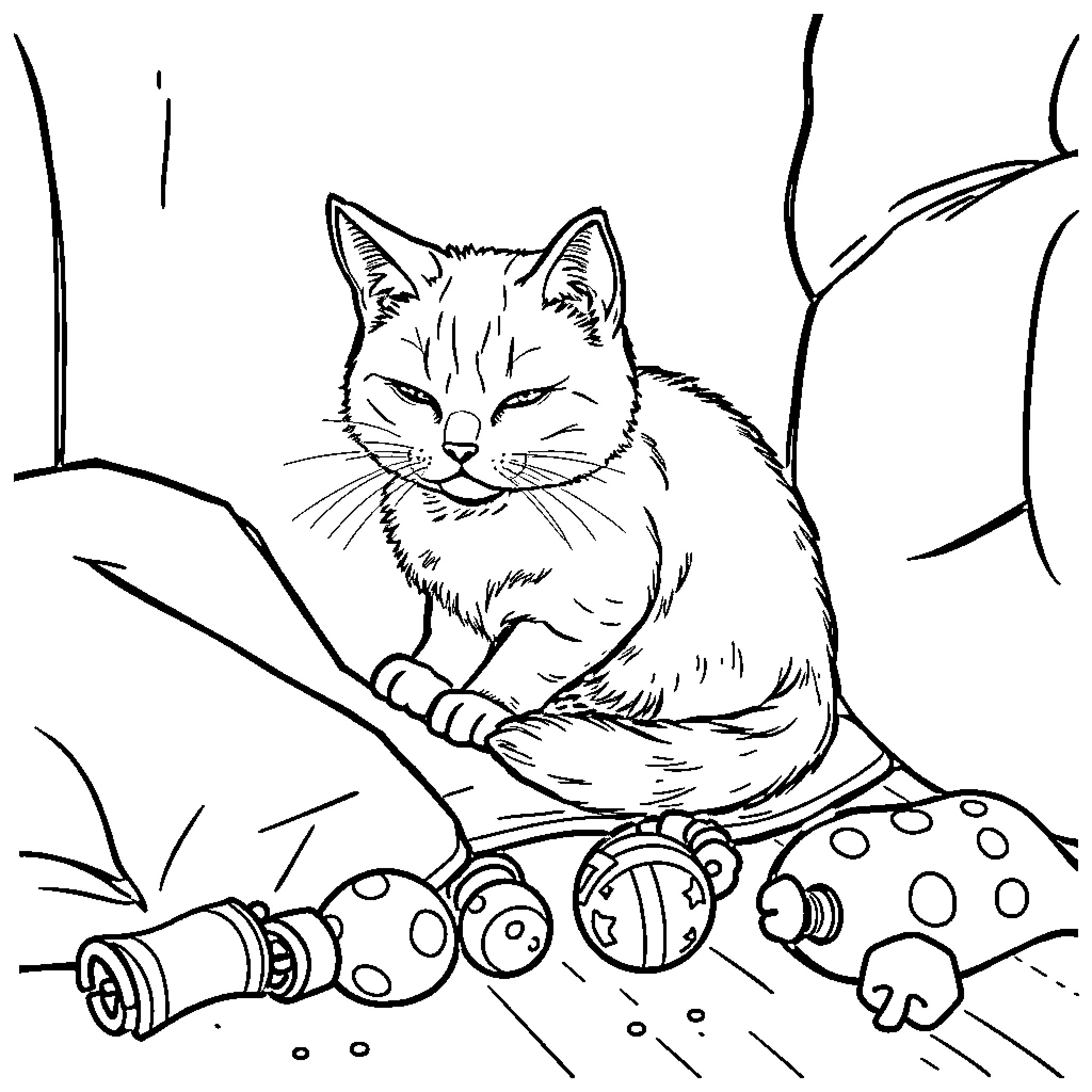 Cat Resting Peacefully in Nature Coloring Page (free black-and-white line drawing printable PDF for all, from beginners to advanced learners, including children, teens, adults, and seniors)