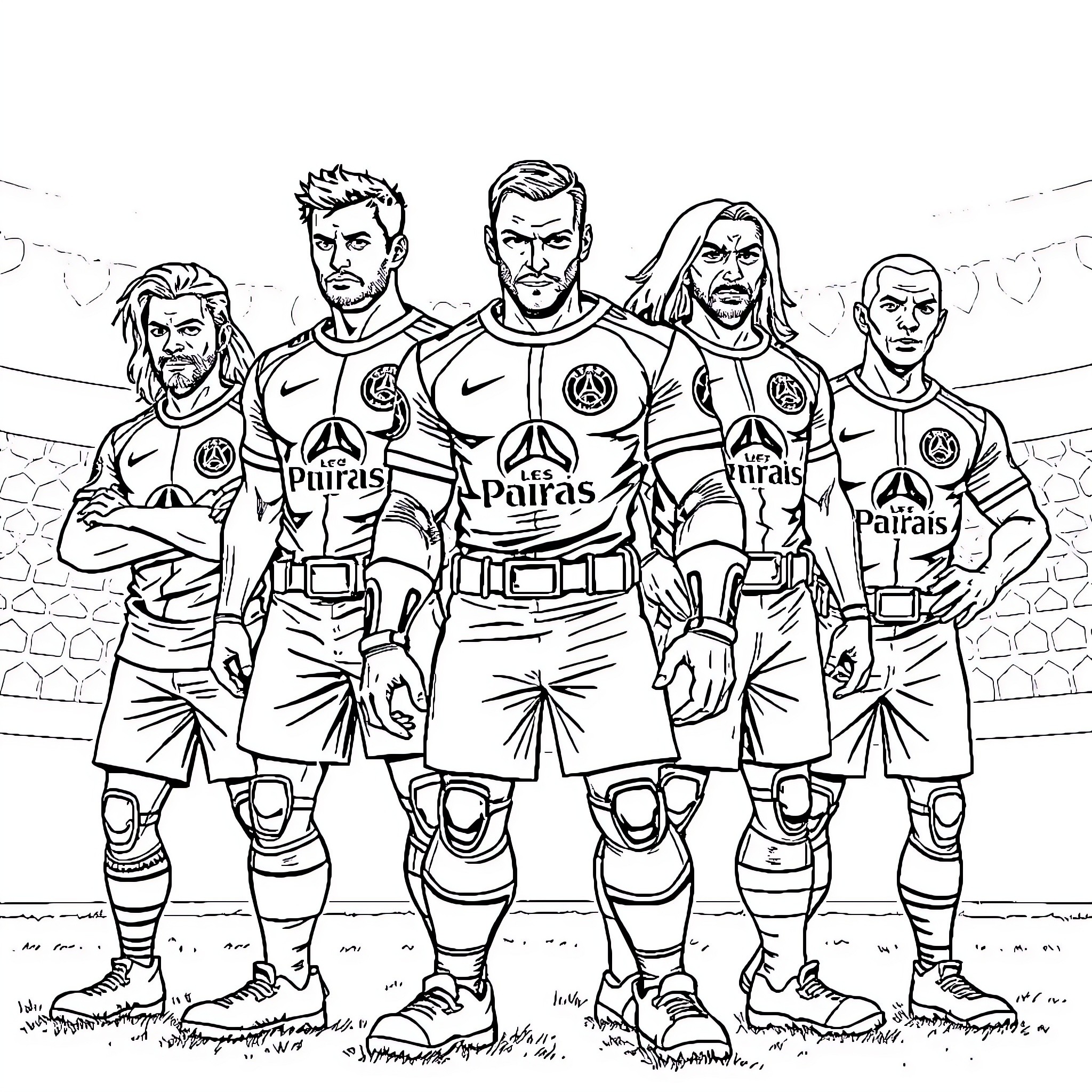 Avenger Team of Soccer Players in Uniform Coloring Page (free black-and-white line drawing printable PDF for all, from beginners to advanced learners, including children, teens, adults, and seniors)
