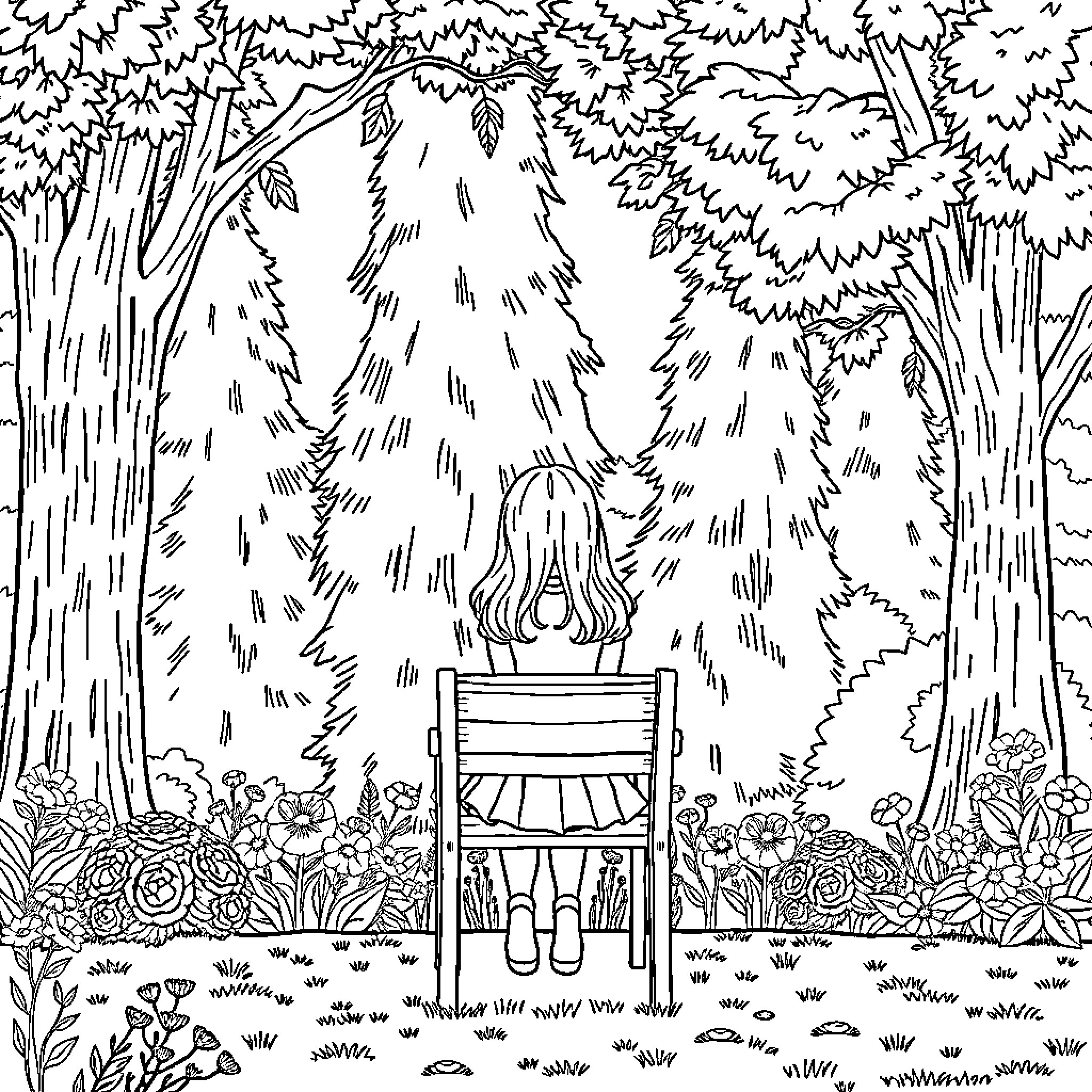 Girl sitting in a tranquil forest Coloring Page (free black-and-white line drawing printable PDF for all, from beginners to advanced learners, including children, teens, adults, and seniors)