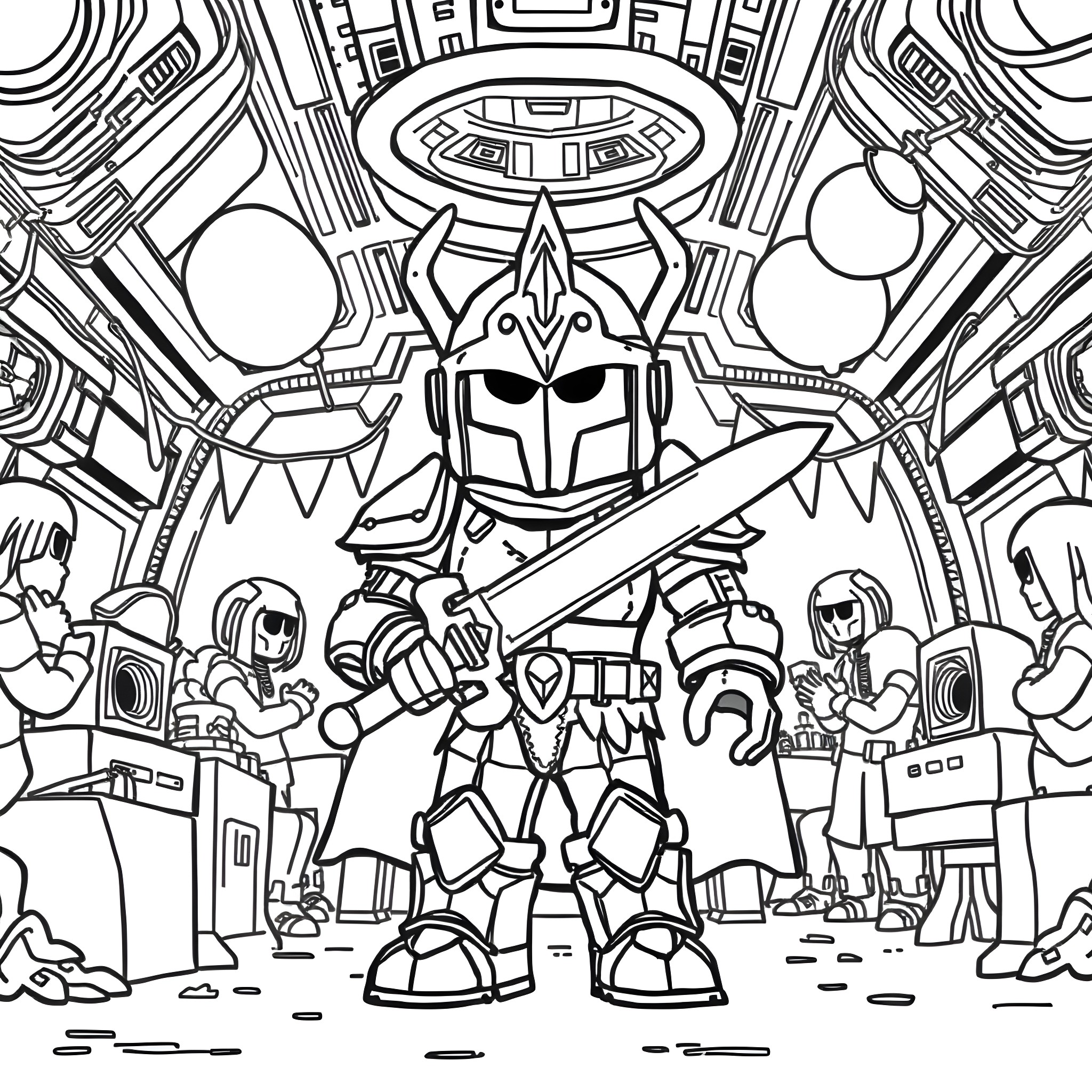 Roblox Noob in an epic sci-fi battle scene Coloring Page (free black-and-white line drawing printable PDF for all, from beginners to advanced learners, including children, teens, adults, and seniors)