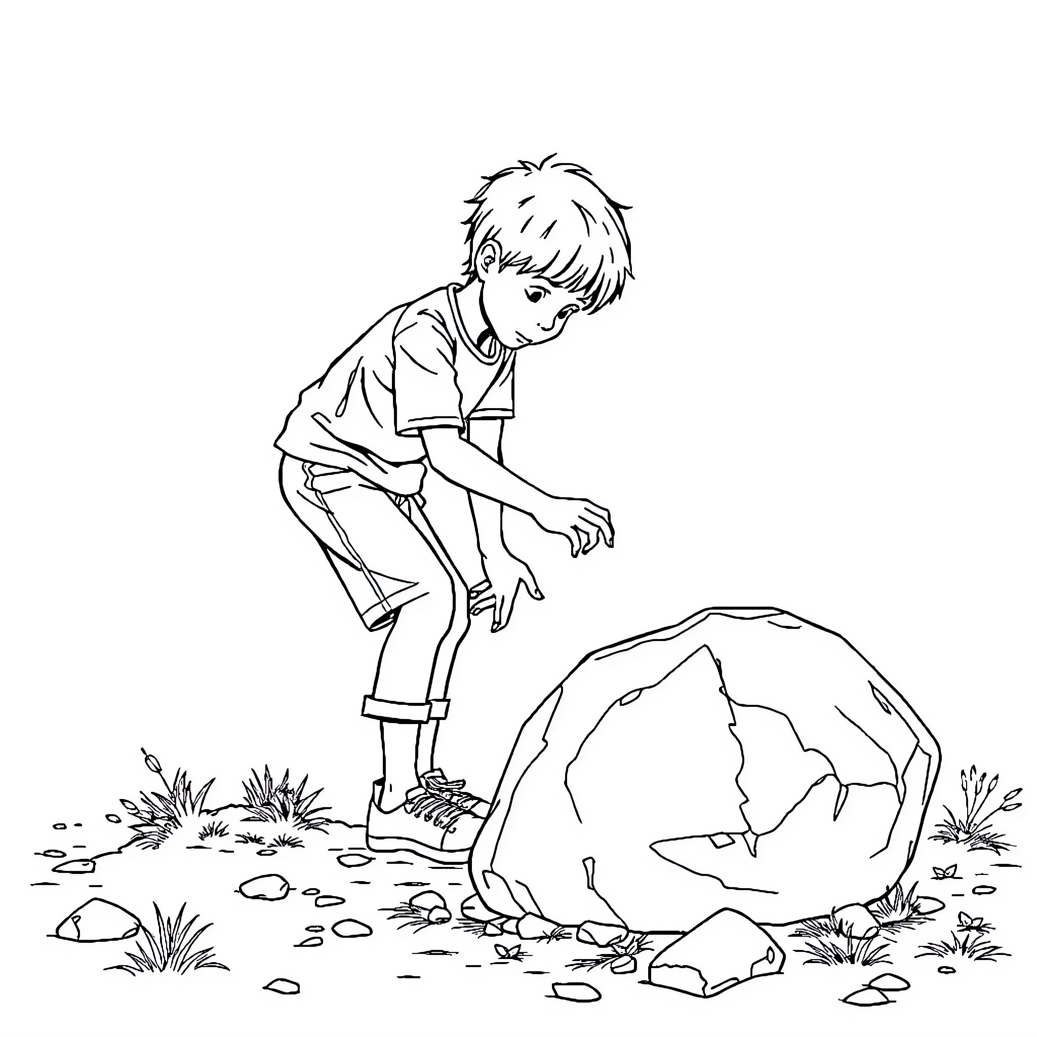 Boy explores rocky terrain in nature Coloring Page (free black-and-white line drawing printable PDF for all, from beginners to advanced learners, including children, teens, adults, and seniors)