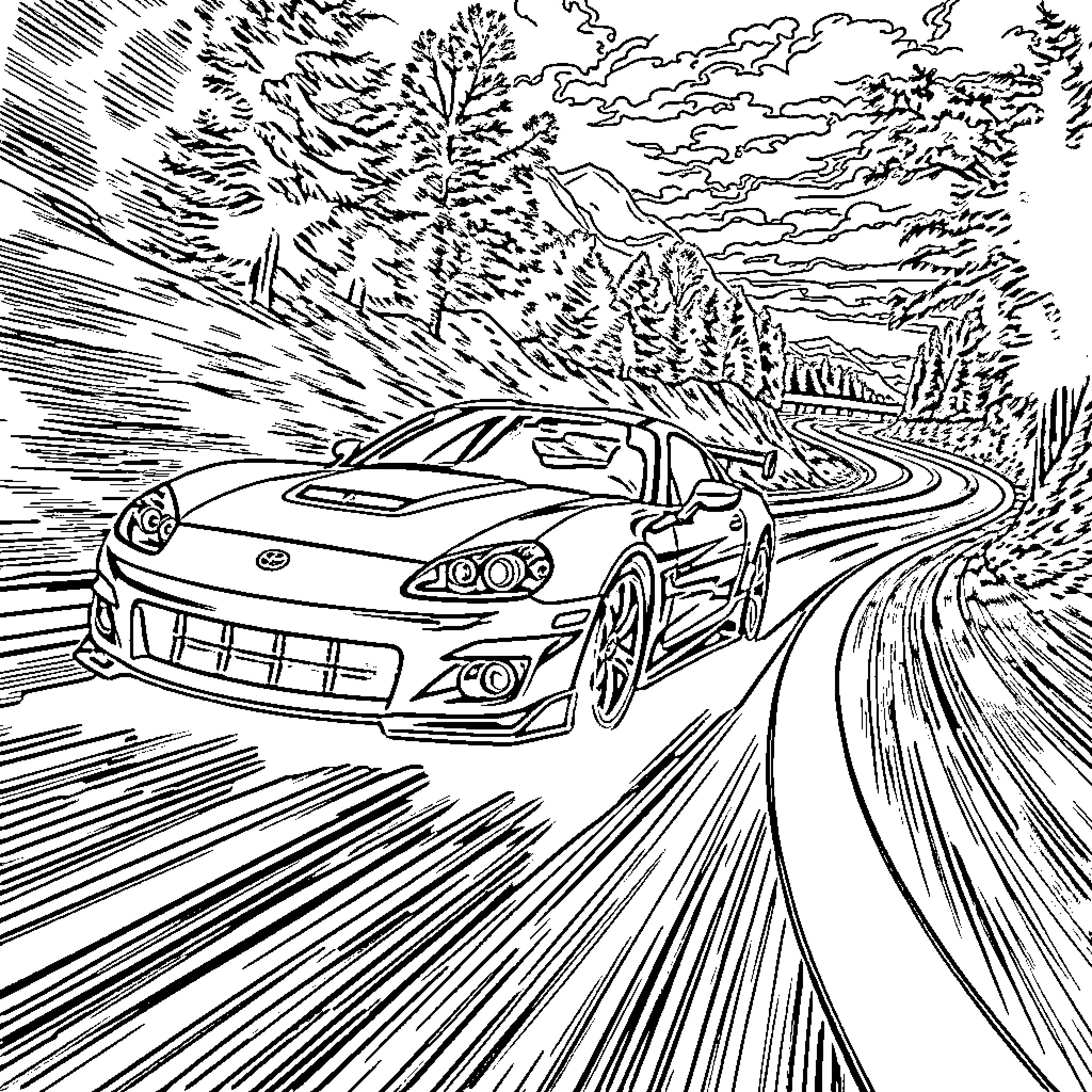 Eclipse of a speeding sports car on the winding road Coloring Page (free black-and-white line drawing printable PDF for all, from beginners to advanced learners, including children, teens, adults, and seniors)