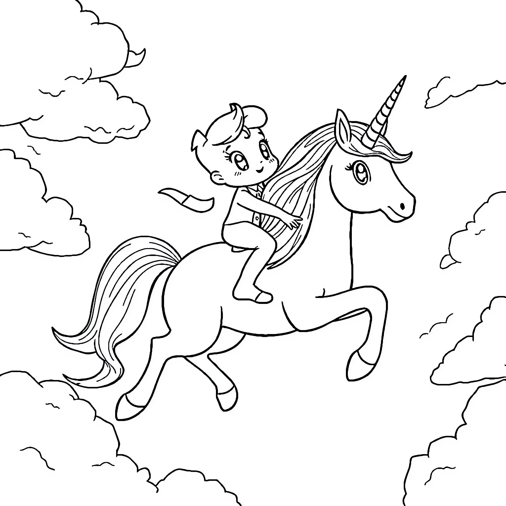 Bluey riding a magical unicorn in the clouds Coloring Page (free black-and-white line drawing printable PDF for all, from beginners to advanced learners, including children, teens, adults, and seniors)