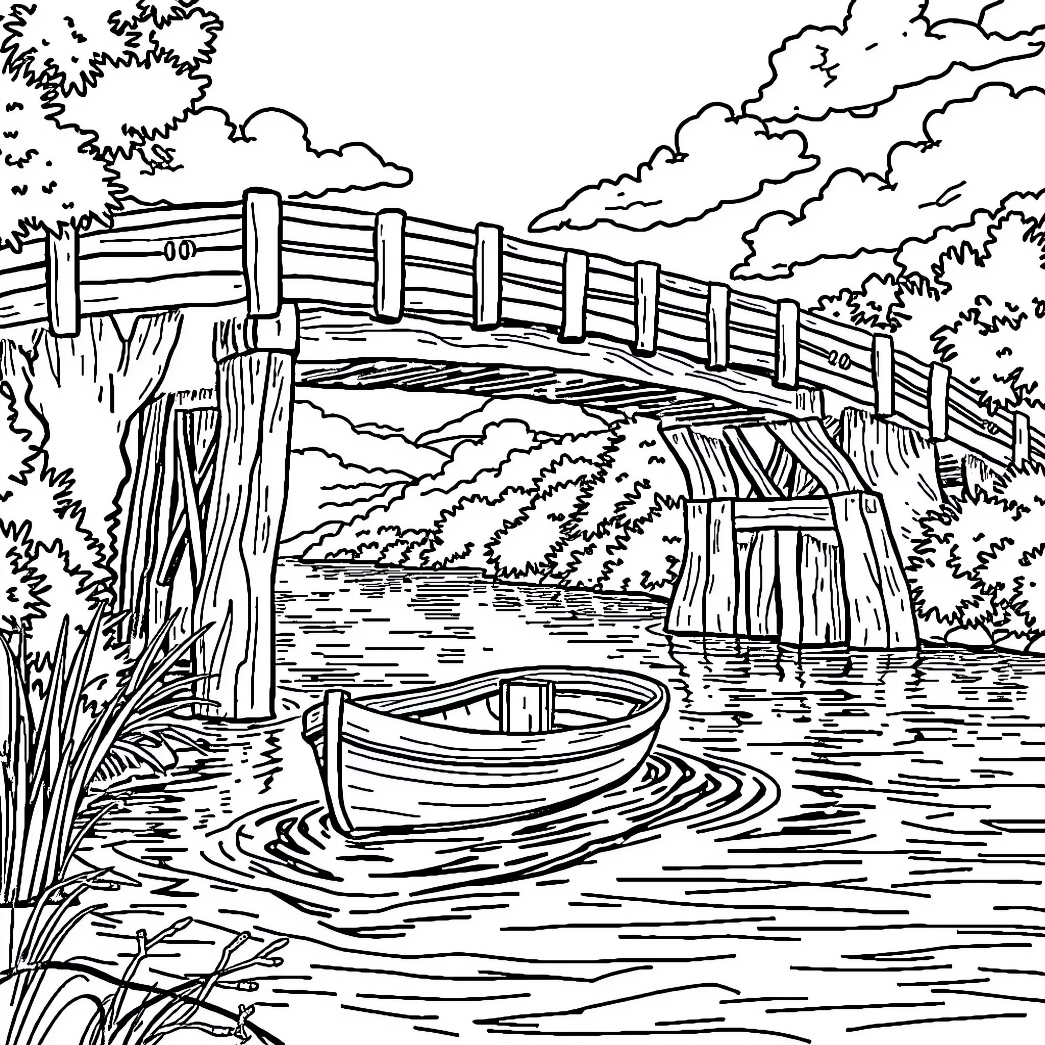 Boat on tranquil river under wooden bridge Coloring Page (free black-and-white line drawing printable PDF for all, from beginners to advanced learners, including children, teens, adults, and seniors)