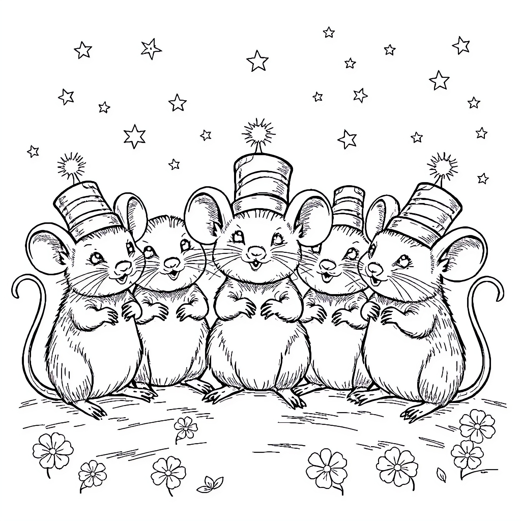 Mice celebrating with party hats and sparkles Coloring Page (free black-and-white line drawing printable PDF for all, from beginners to advanced learners, including children, teens, adults, and seniors)