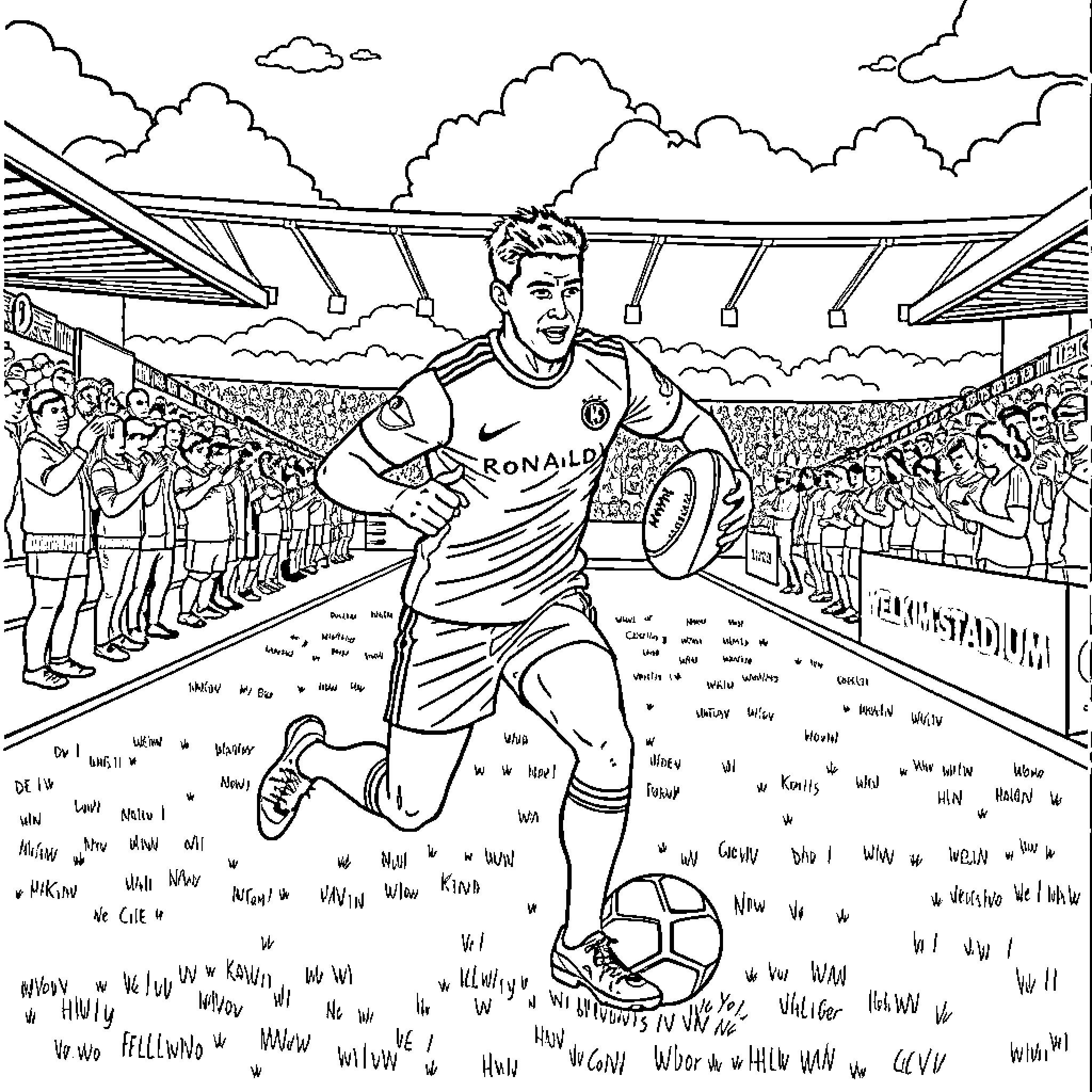 Ronaldo Celebrating His Goal in the Stadium Coloring Page (free black-and-white line drawing printable PDF for all, from beginners to advanced learners, including children, teens, adults, and seniors)
