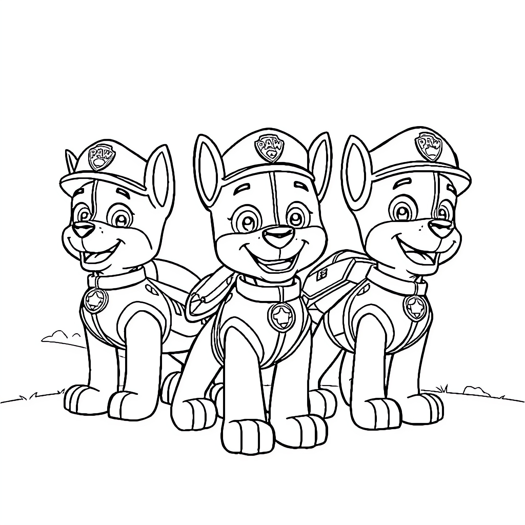 Paw Patrol Rescue Team in Action Coloring Page (free black-and-white line drawing printable PDF for all, from beginners to advanced learners, including children, teens, adults, and seniors)