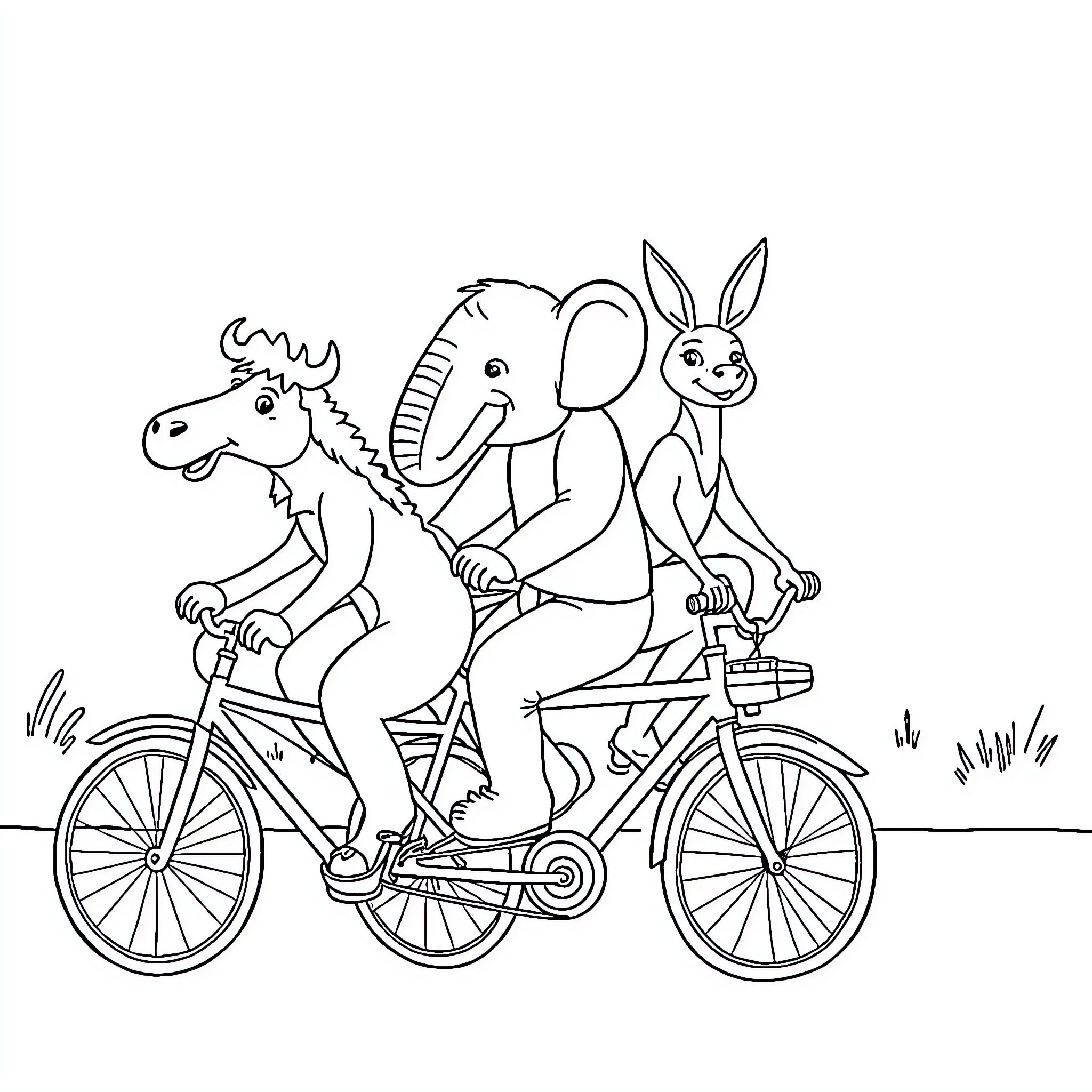 Maus characters riding a bicycle together Coloring Page (free black-and-white line drawing printable PDF for all, from beginners to advanced learners, including children, teens, adults, and seniors)
