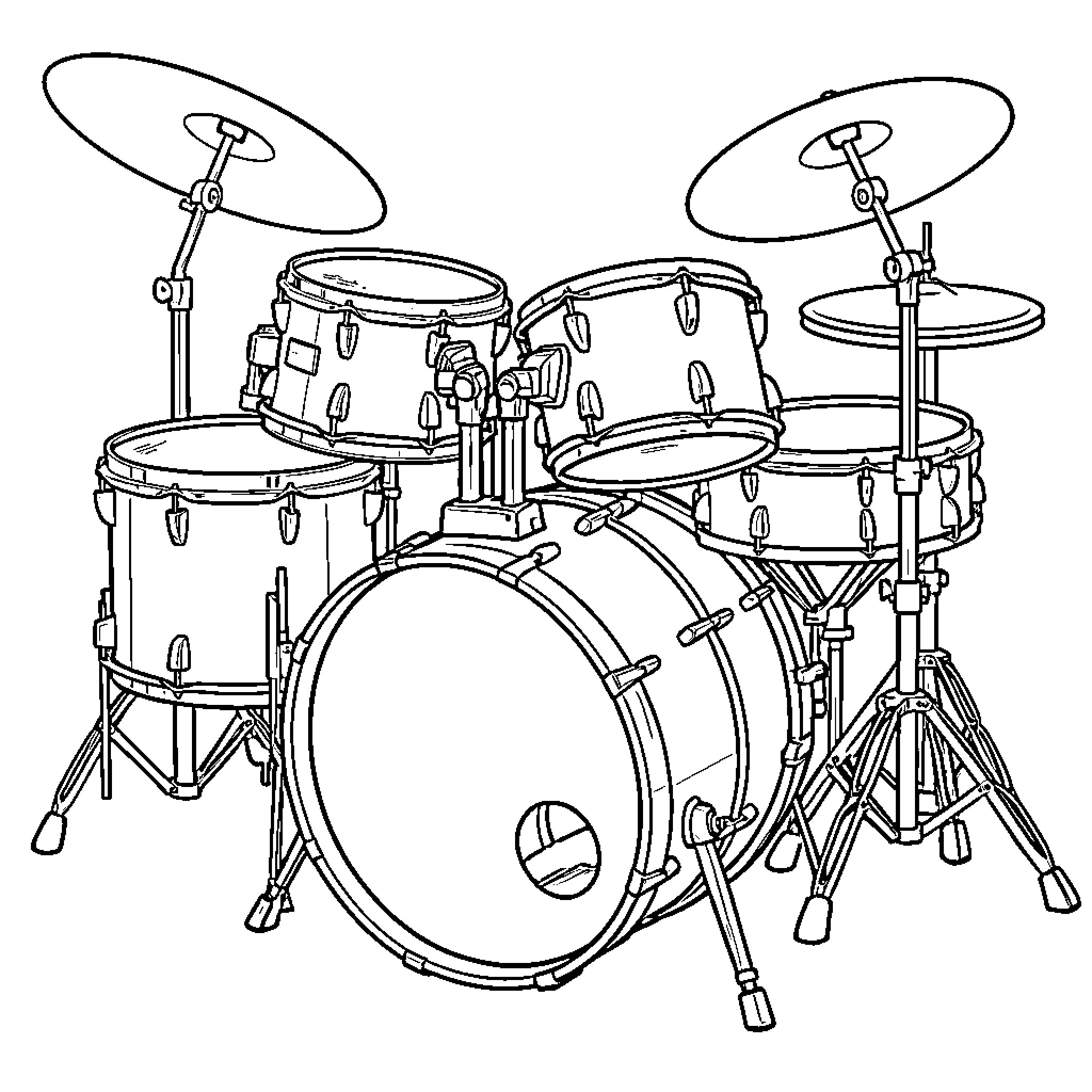 Drum set with various percussion instruments Coloring Page (free black-and-white line drawing printable PDF for all, from beginners to advanced learners, including children, teens, adults, and seniors)