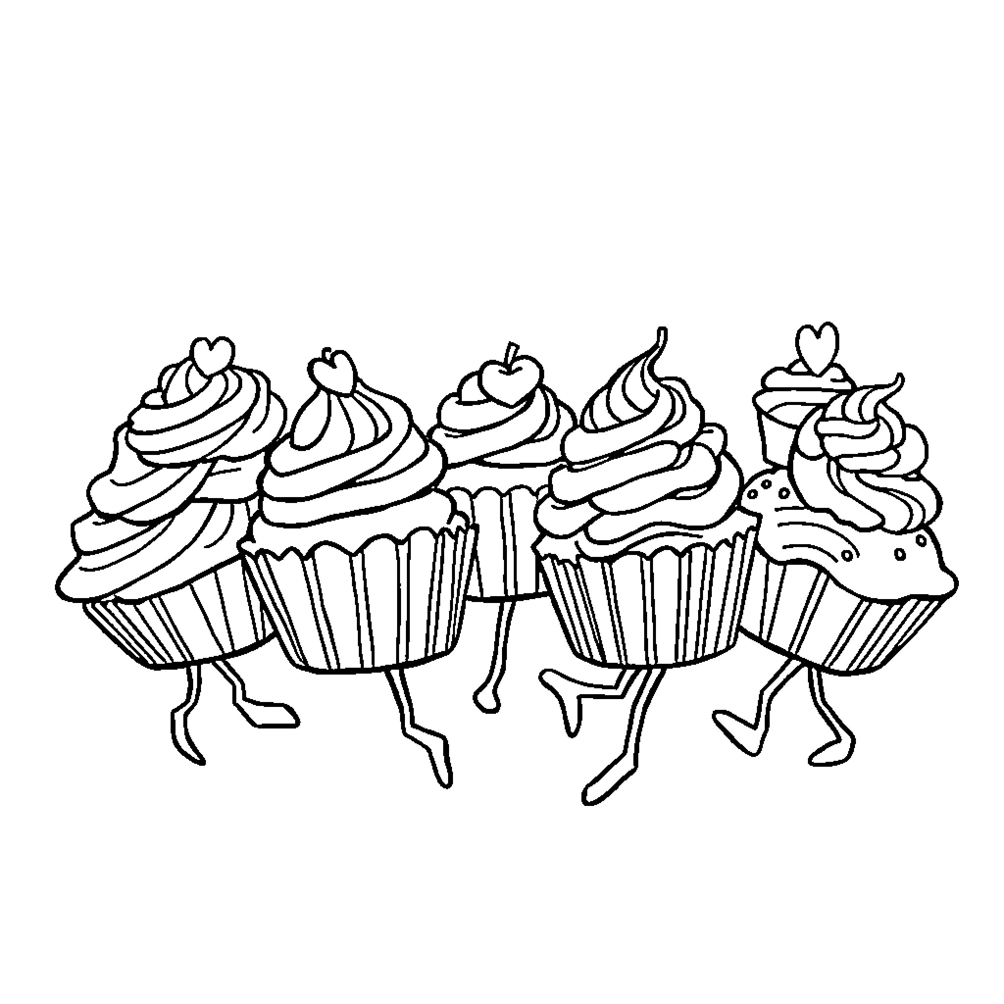 Cupcake creatures dancing in celebration Coloring Page (free black-and-white line drawing printable PDF for all, from beginners to advanced learners, including children, teens, adults, and seniors)
