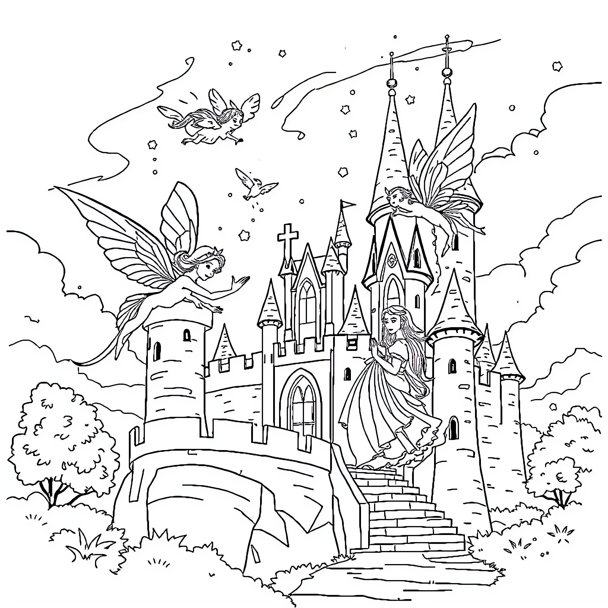 Fairy Princesses in a Magical Castle Coloring Page (free black-and-white line drawing printable PDF for all, from beginners to advanced learners, including children, teens, adults, and seniors)