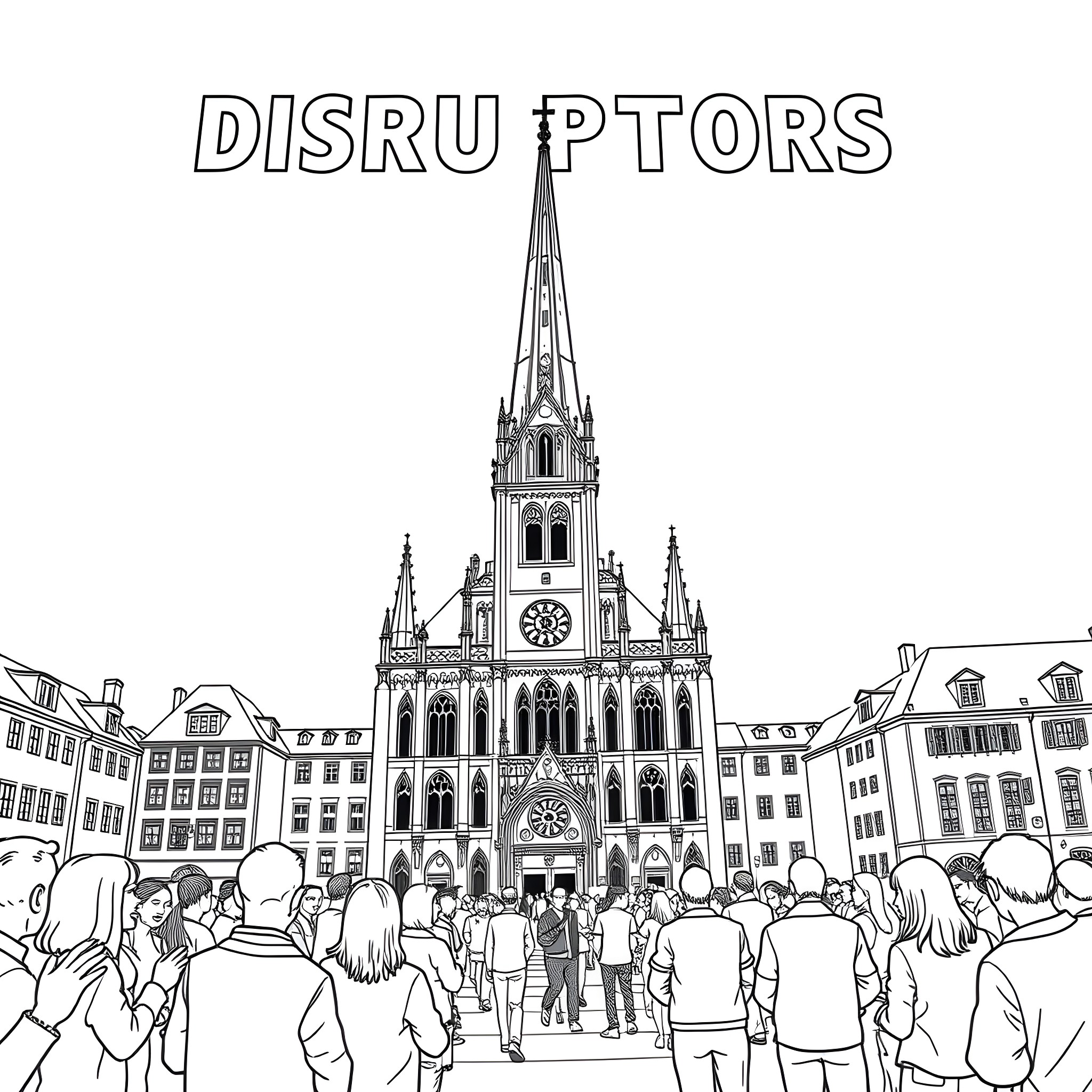 Grossmunster Church with Visitors Coloring Page (free black-and-white line drawing printable PDF for all, from beginners to advanced learners, including children, teens, adults, and seniors)