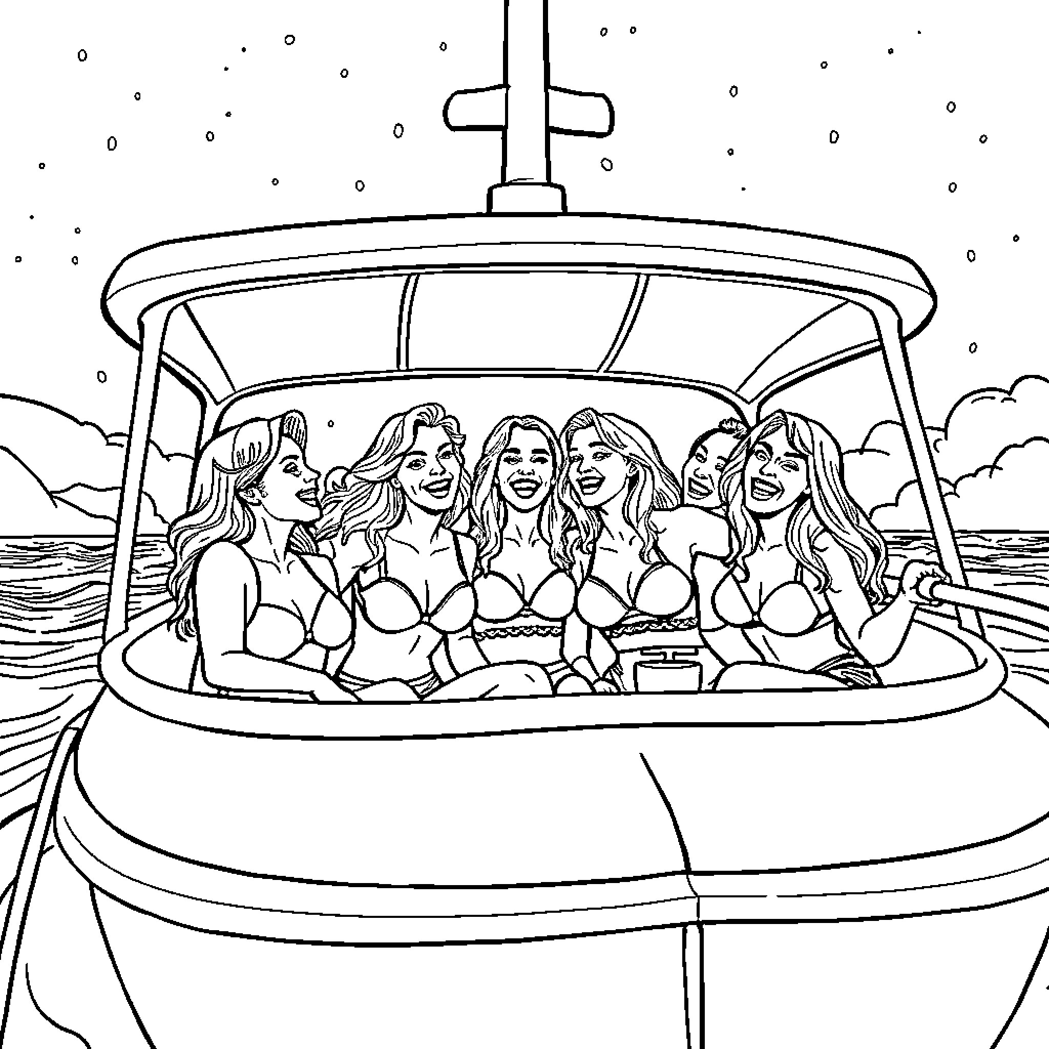 Boat Carrying Smiling Women in Swimwear Coloring Page (free black-and-white line drawing printable PDF for all, from beginners to advanced learners, including children, teens, adults, and seniors)