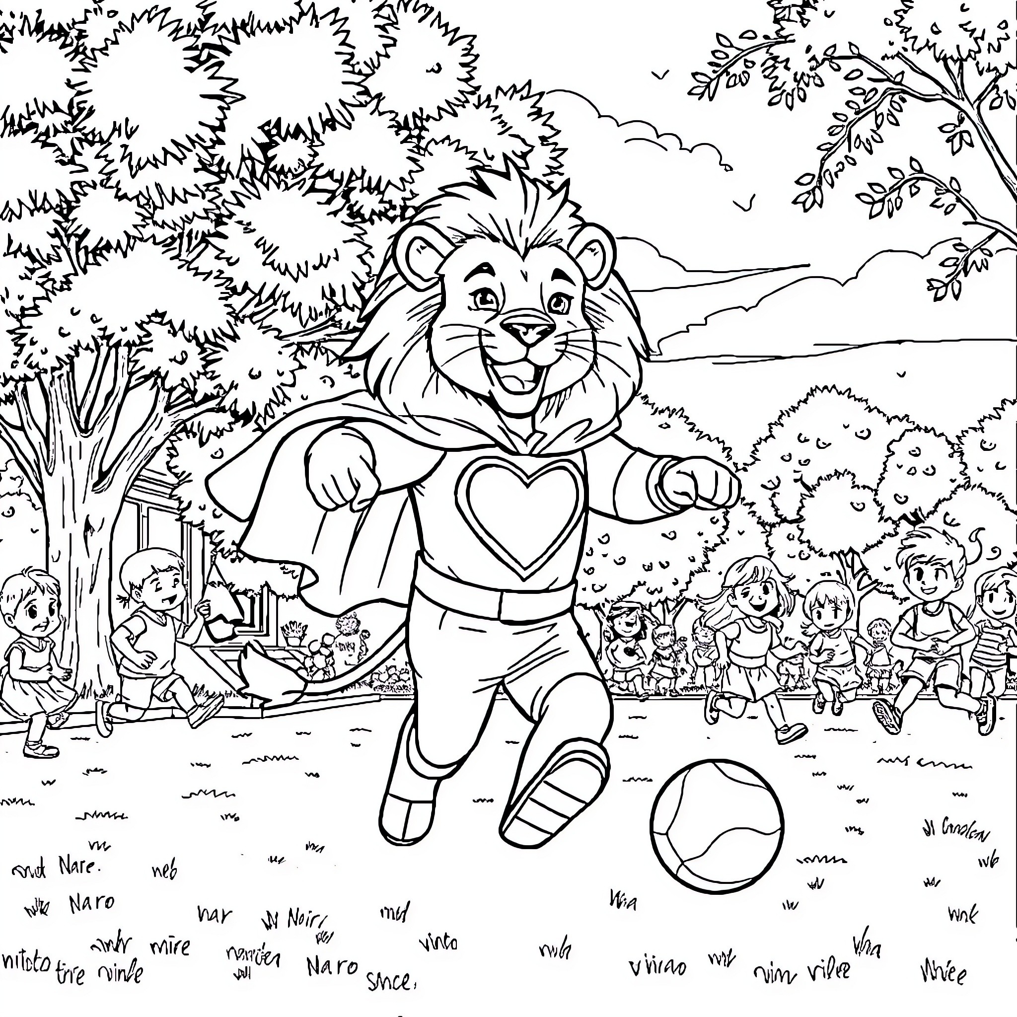 Lion playing happily with children in the park Coloring Page (free black-and-white line drawing printable PDF for all, from beginners to advanced learners, including children, teens, adults, and seniors)