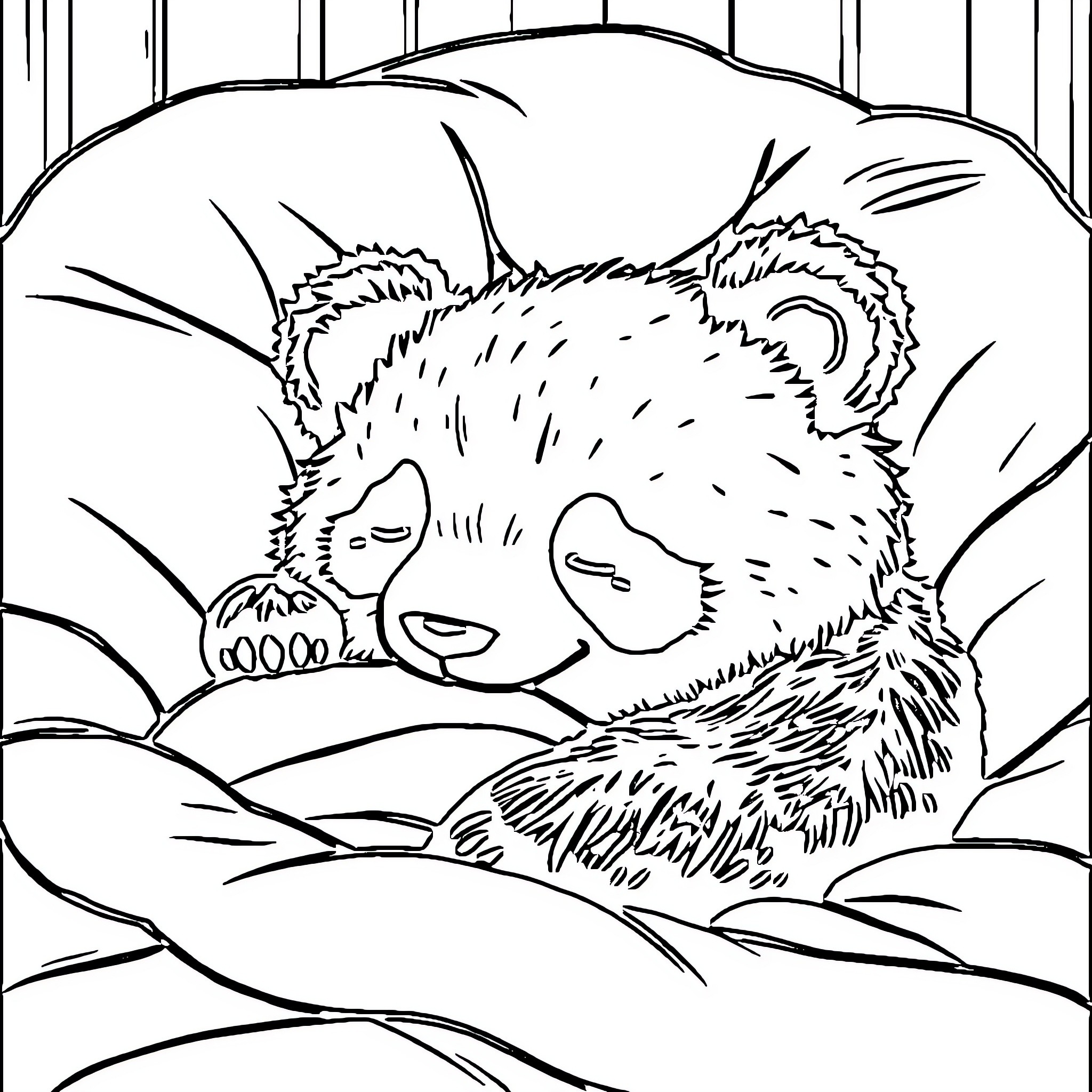 Panda sleeping peacefully in bamboo forest Coloring Page (free black-and-white line drawing printable PDF for all, from beginners to advanced learners, including children, teens, adults, and seniors)