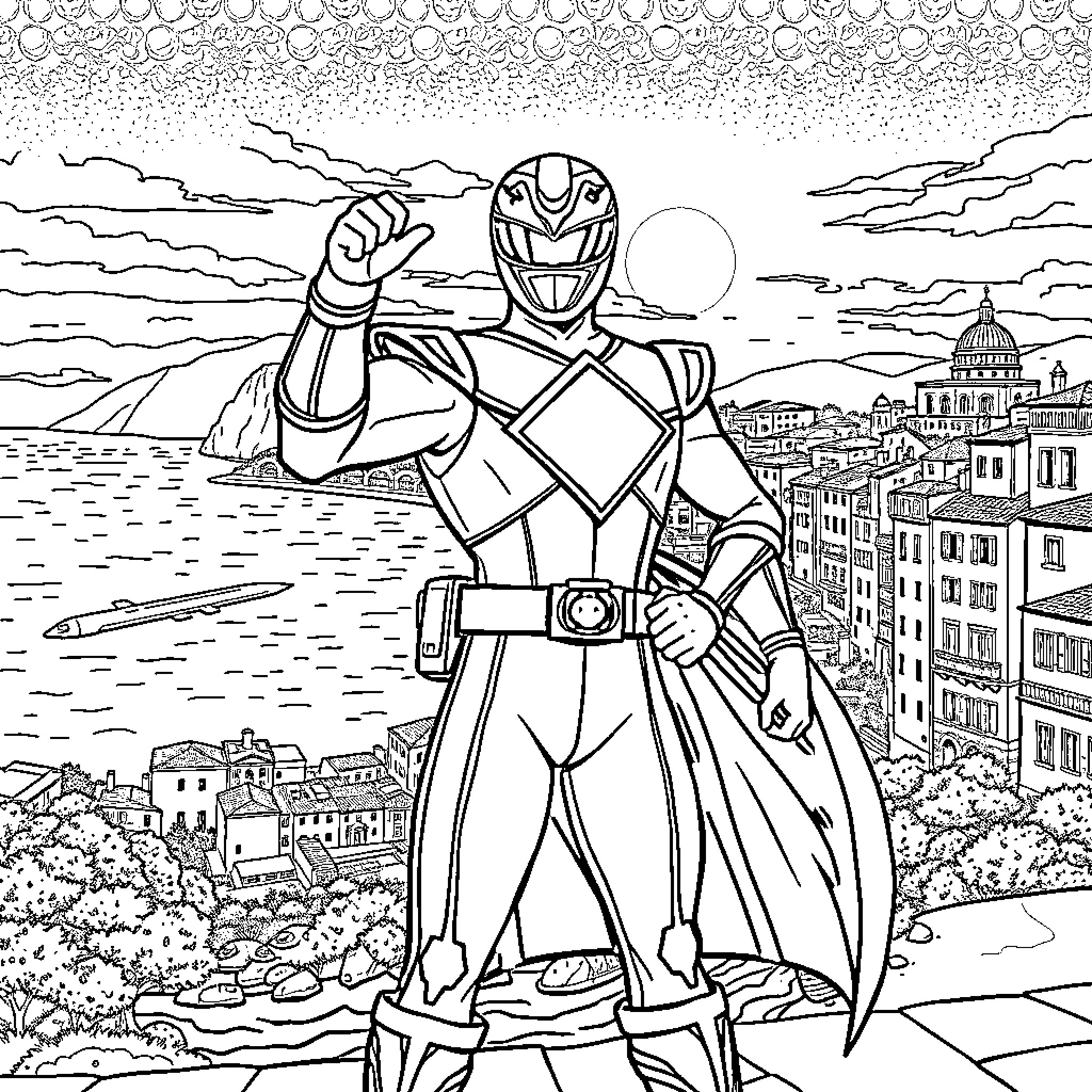 Power Ranger Stands Tall in Heroic Pose Coloring Page (free black-and-white line drawing printable PDF for all, from beginners to advanced learners, including children, teens, adults, and seniors)