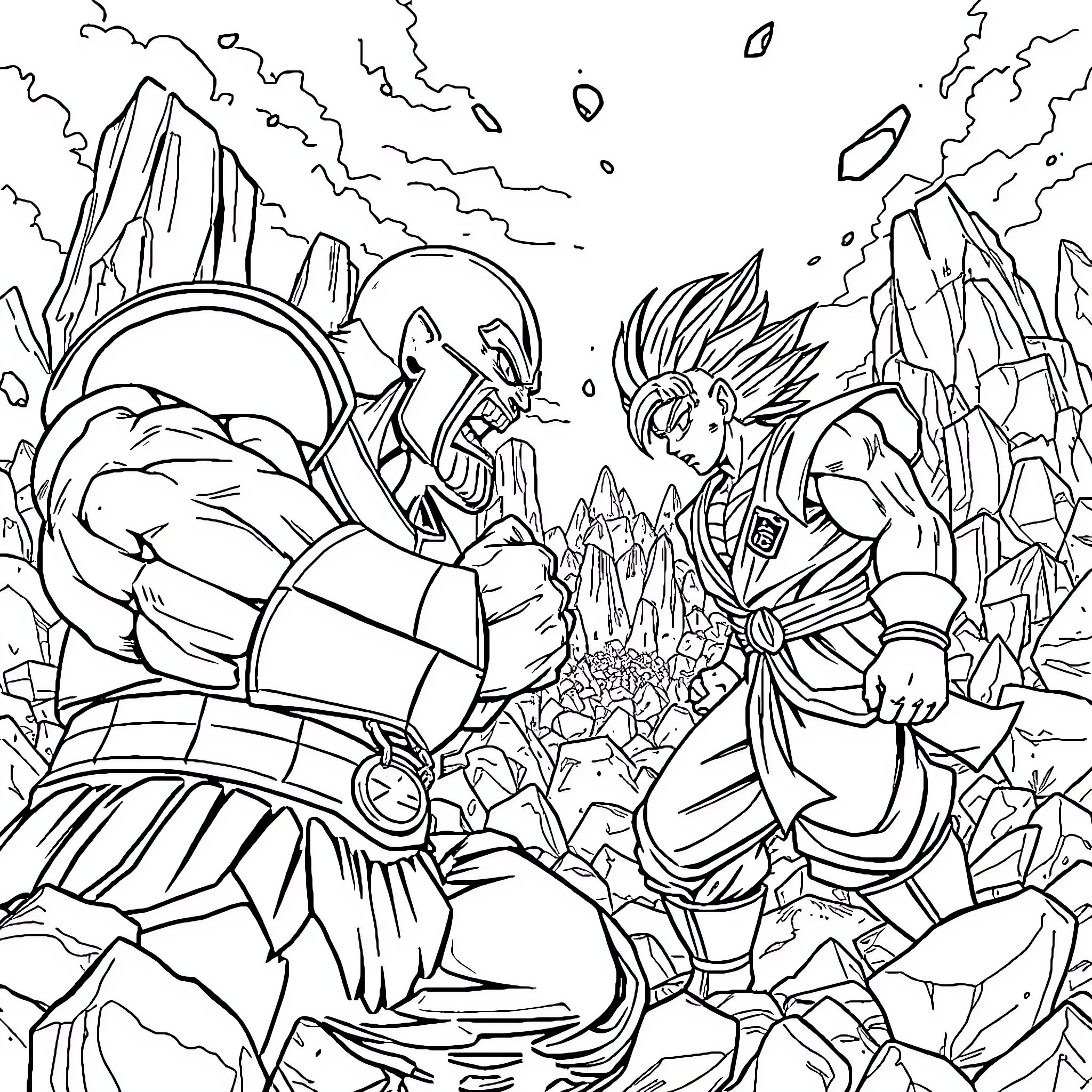Thanos Faces Off Against Warrior in Cosmic Landscape Coloring Page (free black-and-white line drawing printable PDF for all, from beginners to advanced learners, including children, teens, adults, and seniors)