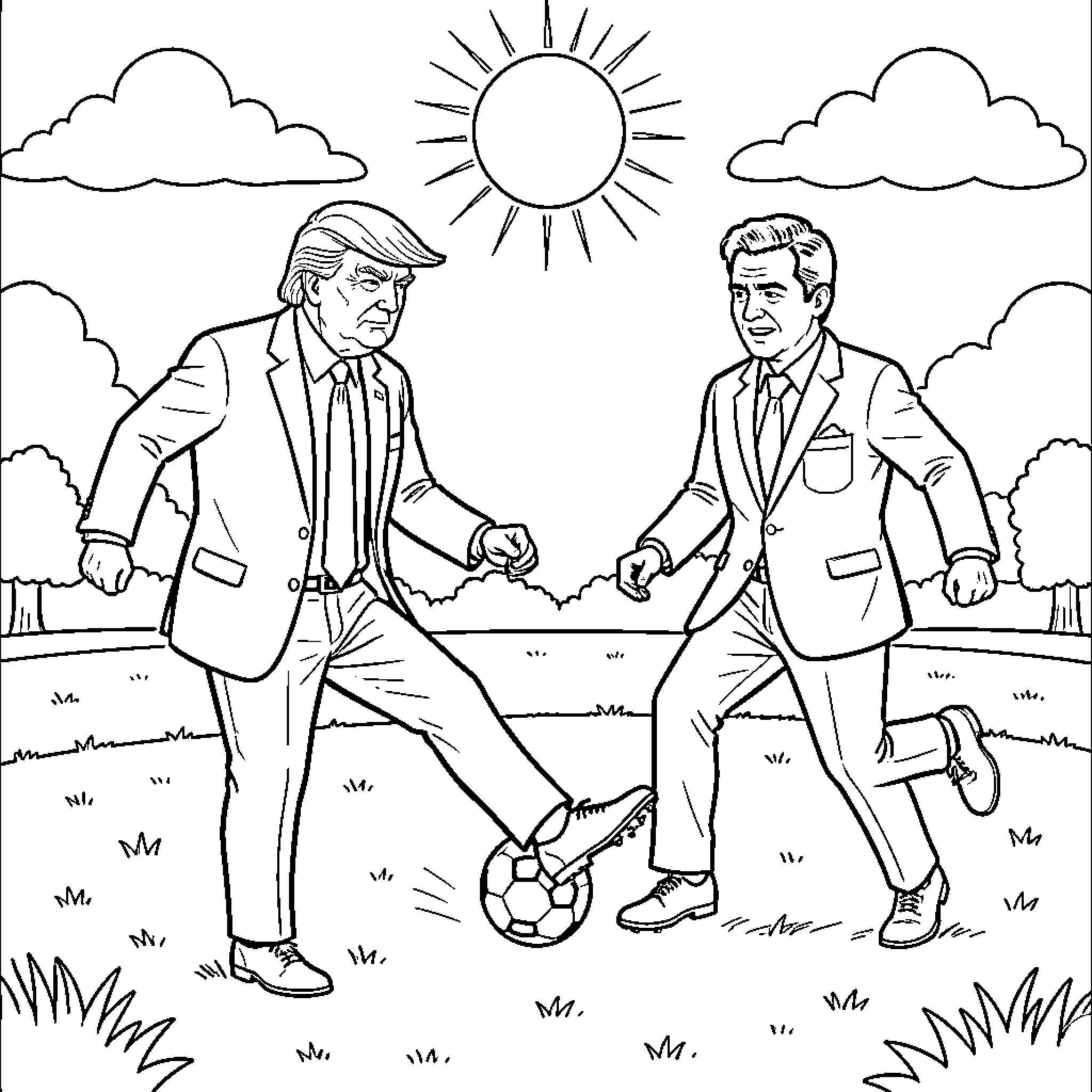 Donald Trump and another man playing soccer outdoors Coloring Page (free black-and-white line drawing printable PDF for all, from beginners to advanced learners, including children, teens, adults, and seniors)