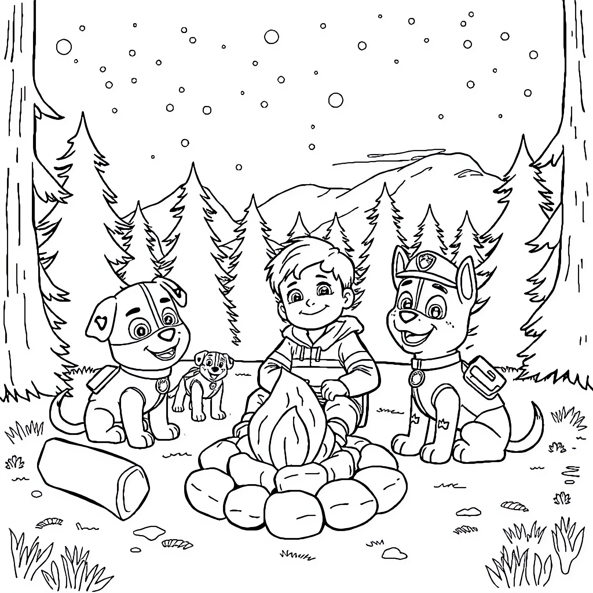 Boy and his puppy friends by the campfire Coloring Page (free black-and-white line drawing printable PDF for all, from beginners to advanced learners, including children, teens, adults, and seniors)
