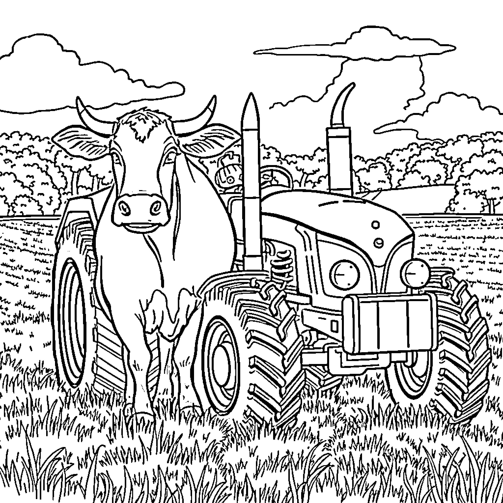 Cow standing next to tractor in farm landscape Coloring Page (free black-and-white line drawing printable PDF for all, from beginners to advanced learners, including children, teens, adults, and seniors)