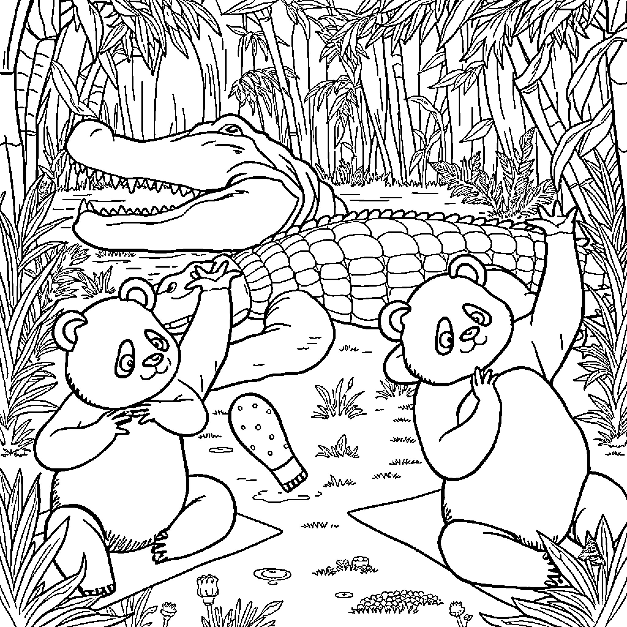Panda Bears Exploring Tropical Forest Coloring Page (free black-and-white line drawing printable PDF for all, from beginners to advanced learners, including children, teens, adults, and seniors)