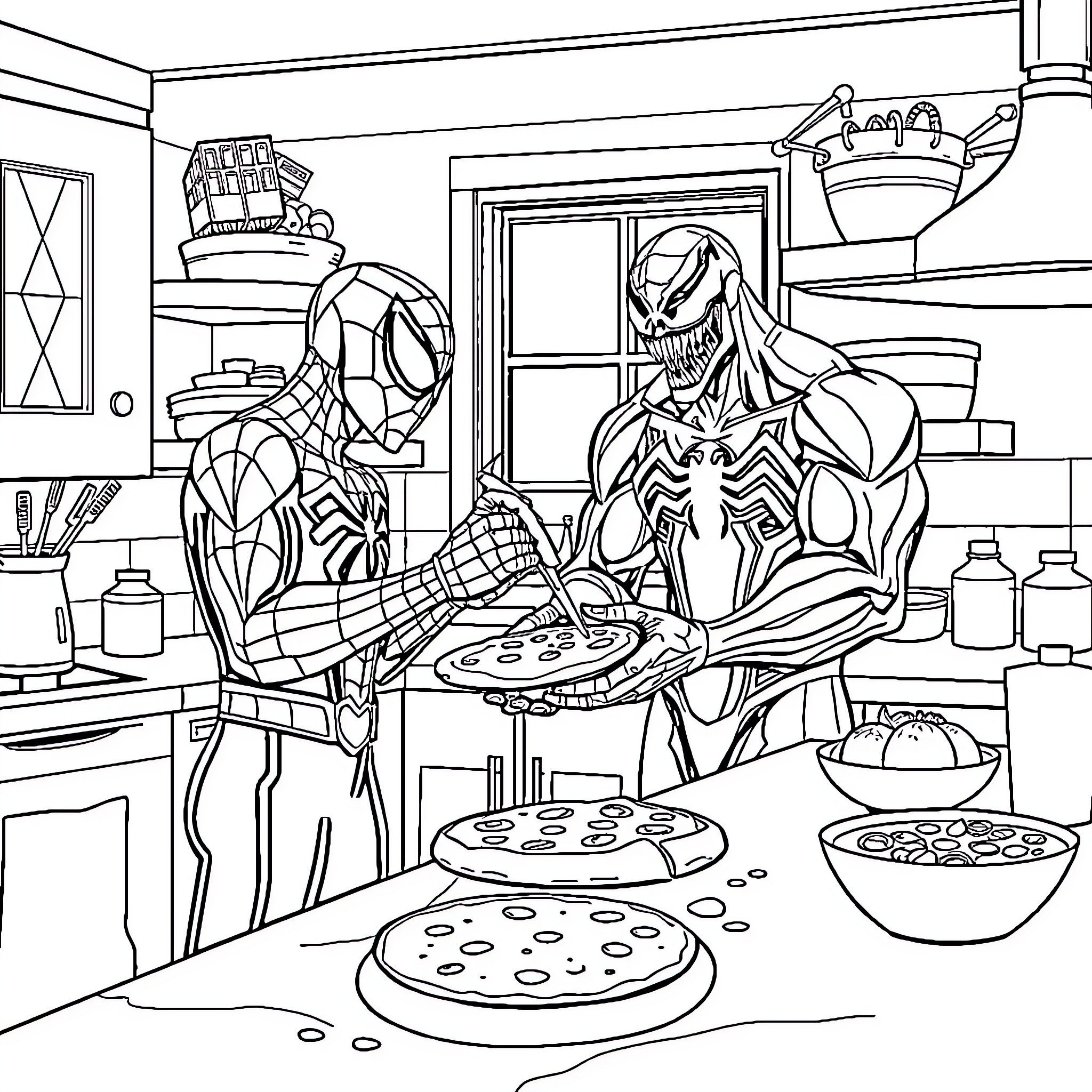 Spider-Man and Venom Cooking Pizza Together Coloring Page (free black-and-white line drawing printable PDF for all, from beginners to advanced learners, including children, teens, adults, and seniors)