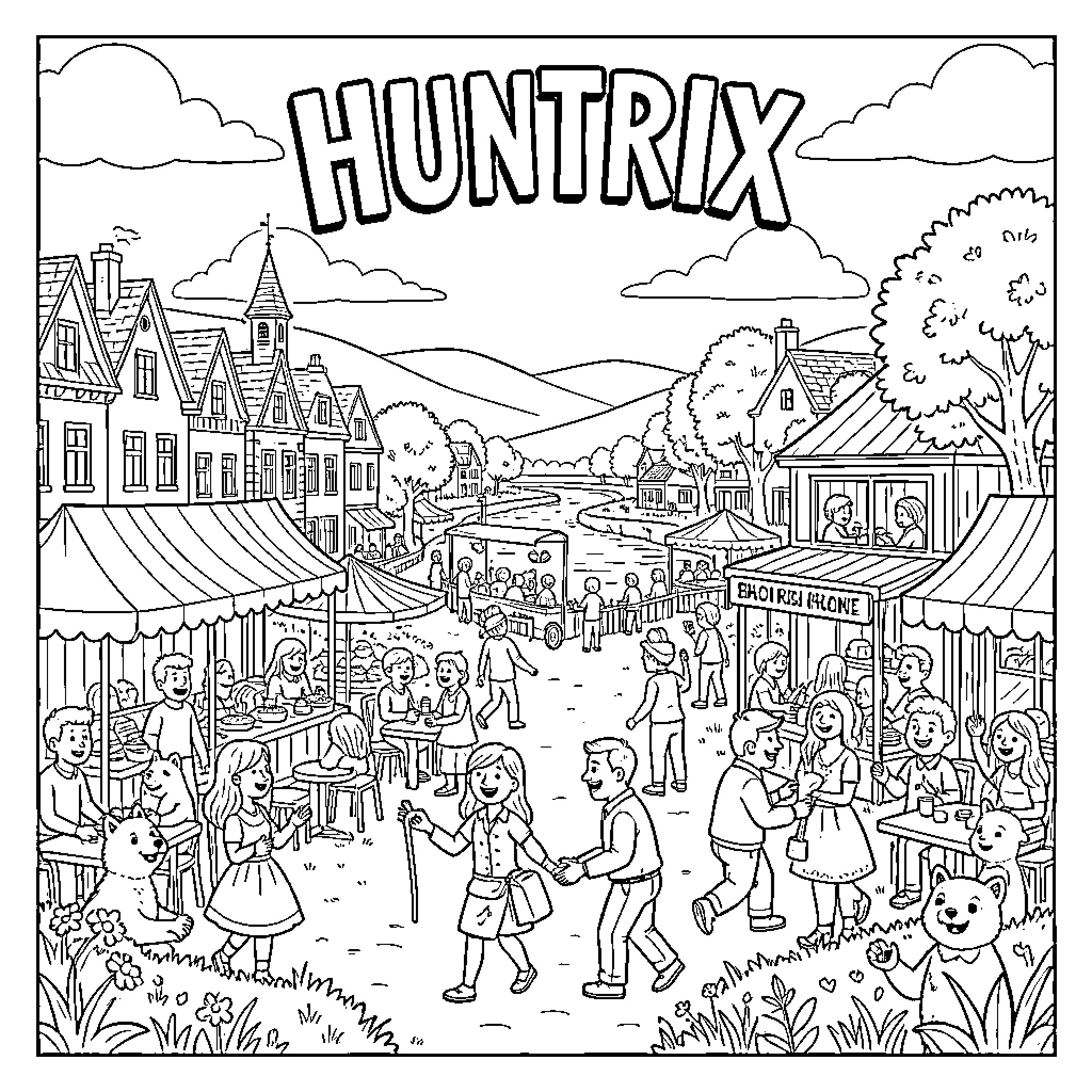 Huntrix - A Bustling Village Scene Coloring Page (free black-and-white line drawing printable PDF for all, from beginners to advanced learners, including children, teens, adults, and seniors)