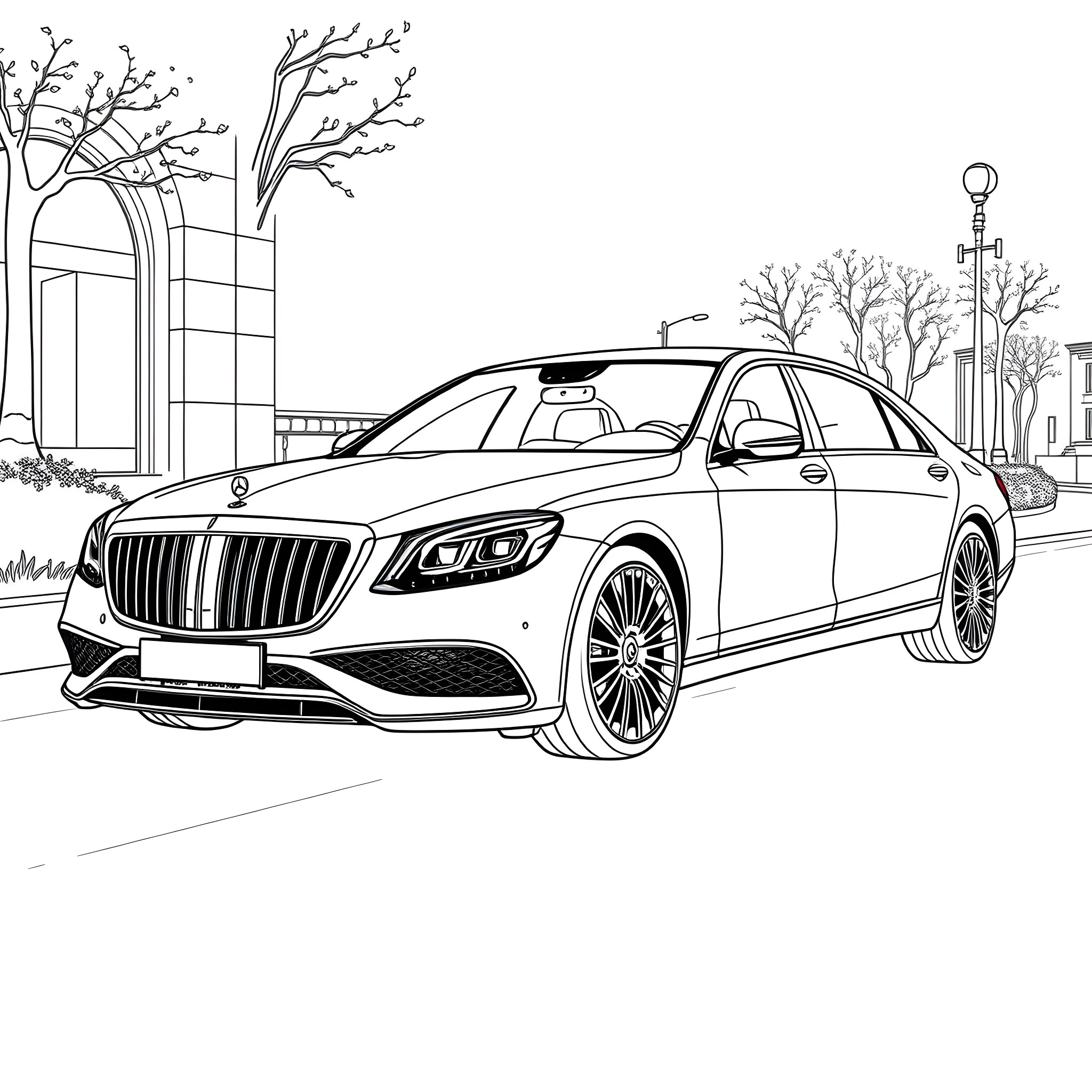 Mercedes luxury sedan parked on city street Coloring Page (free black-and-white line drawing printable PDF for all, from beginners to advanced learners, including children, teens, adults, and seniors)