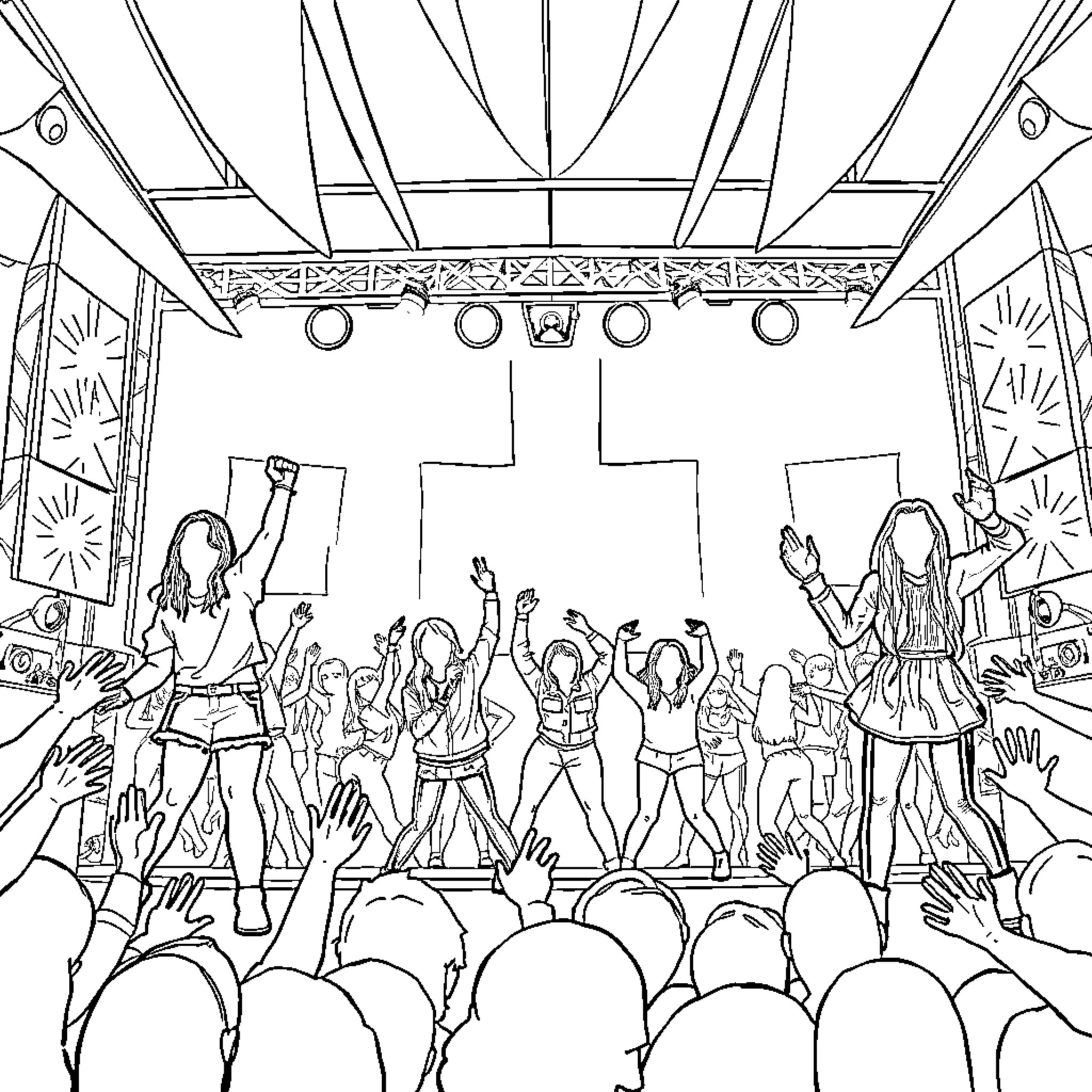 K Pop Concert with Energetic Performers and Cheering Crowd Coloring Page (free black-and-white line drawing printable PDF for all, from beginners to advanced learners, including children, teens, adults, and seniors)