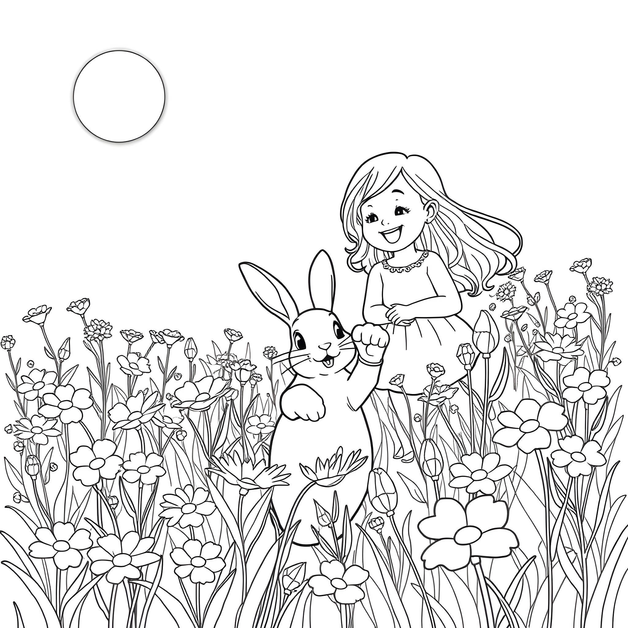 Rabbit playing with girl in a flower garden Coloring Page (free black-and-white line drawing printable PDF for all, from beginners to advanced learners, including children, teens, adults, and seniors)