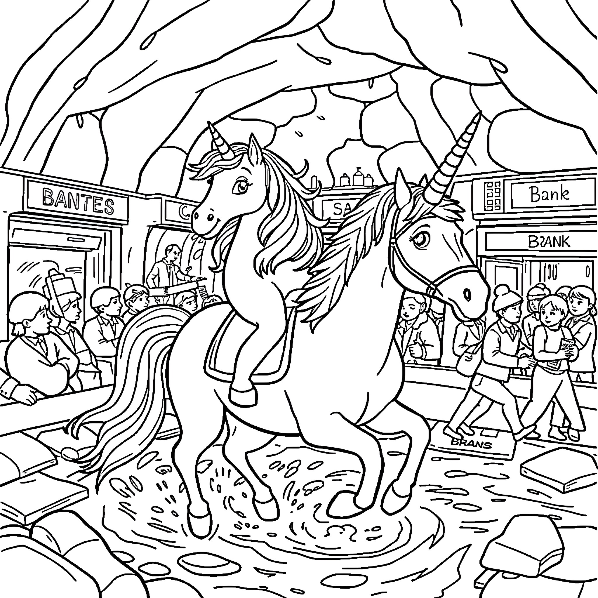 Unicorn Causing Chaos in the City Street Coloring Page (free black-and-white line drawing printable PDF for all, from beginners to advanced learners, including children, teens, adults, and seniors)