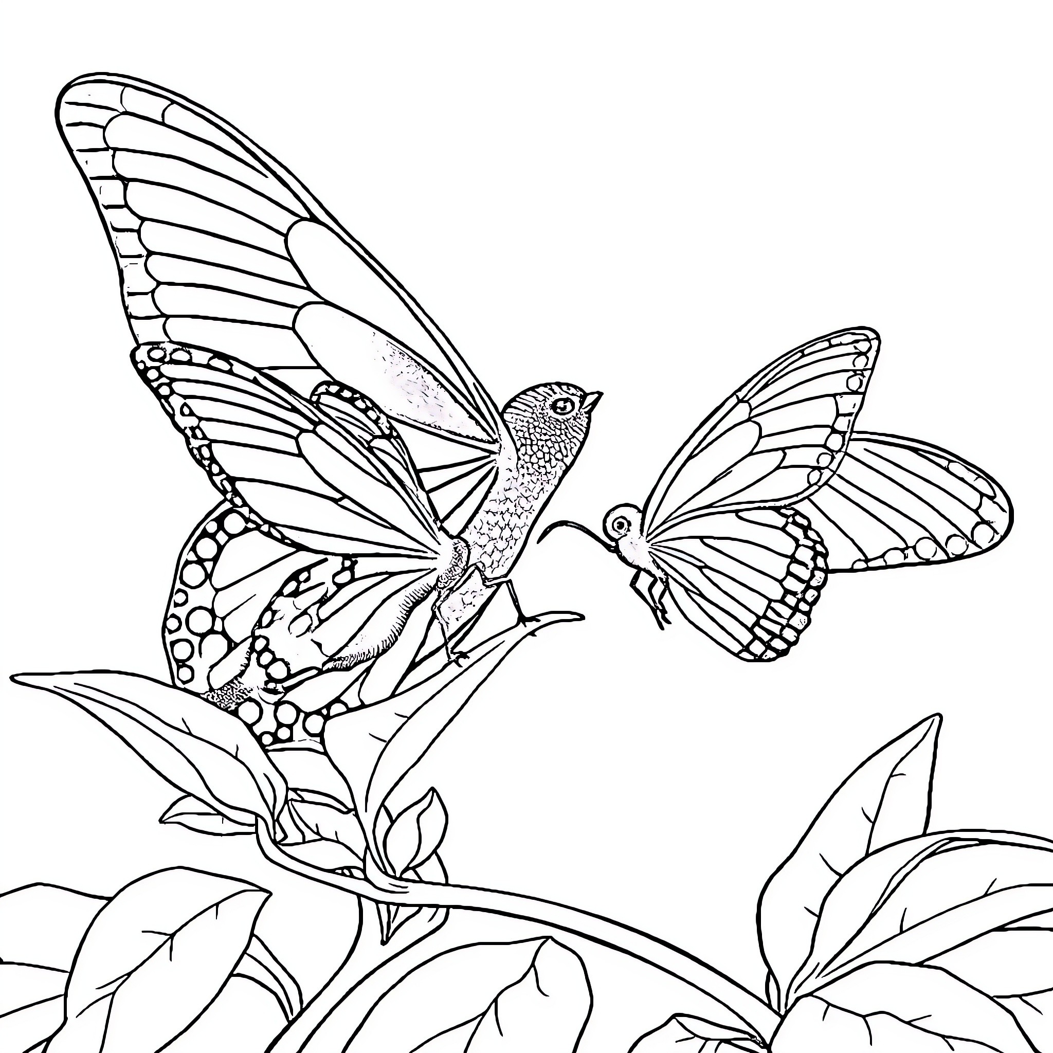 Butterflies soaring through a serene floral landscape Coloring Page (free black-and-white line drawing printable PDF for all, from beginners to advanced learners, including children, teens, adults, and seniors)