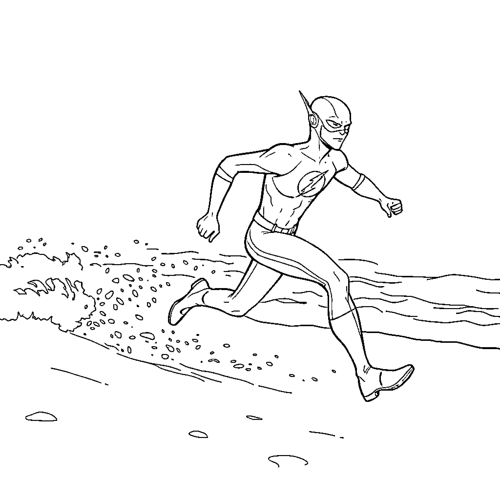 Flash Running Speedily on Beach Coloring Page (free black-and-white line drawing printable PDF for all, from beginners to advanced learners, including children, teens, adults, and seniors)