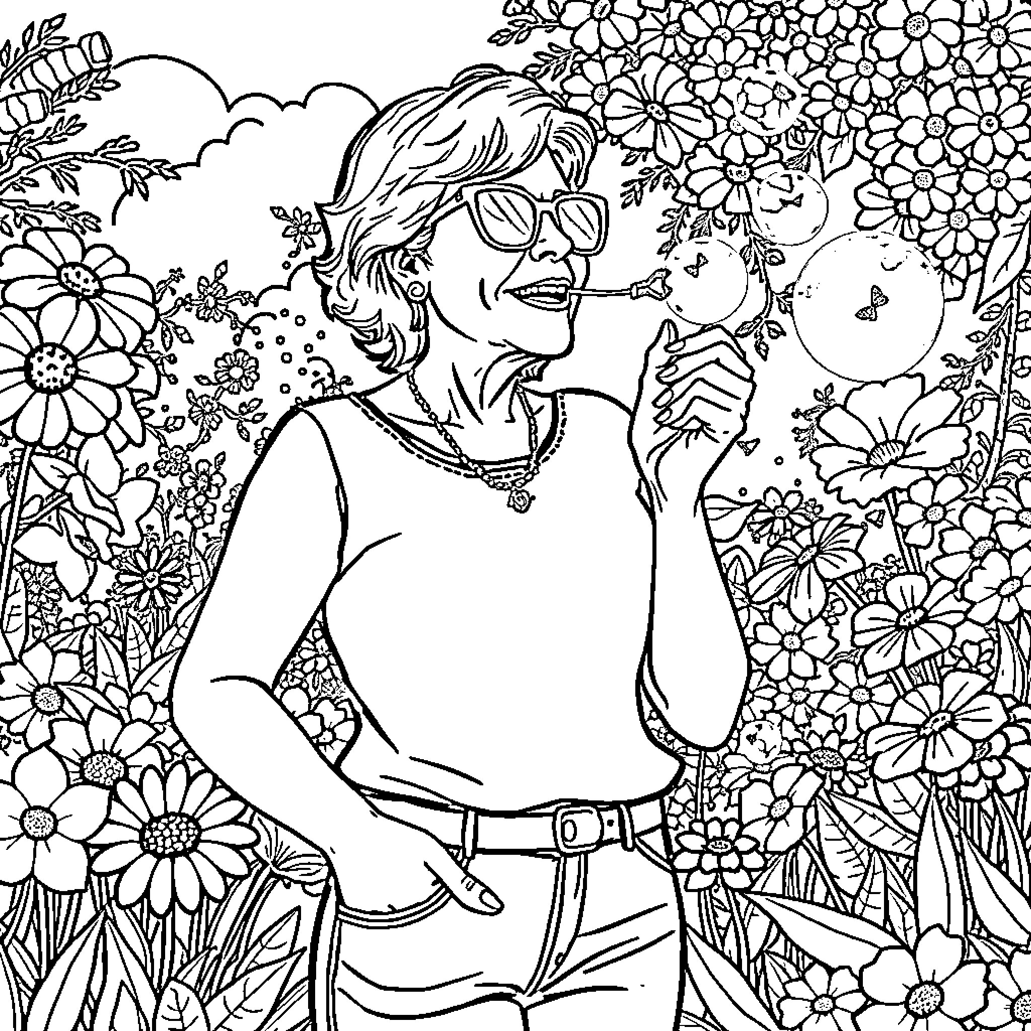 Lady Surrounded by Vibrant Flowers and Butterflies Coloring Page (free black-and-white line drawing printable PDF for all, from beginners to advanced learners, including children, teens, adults, and seniors)