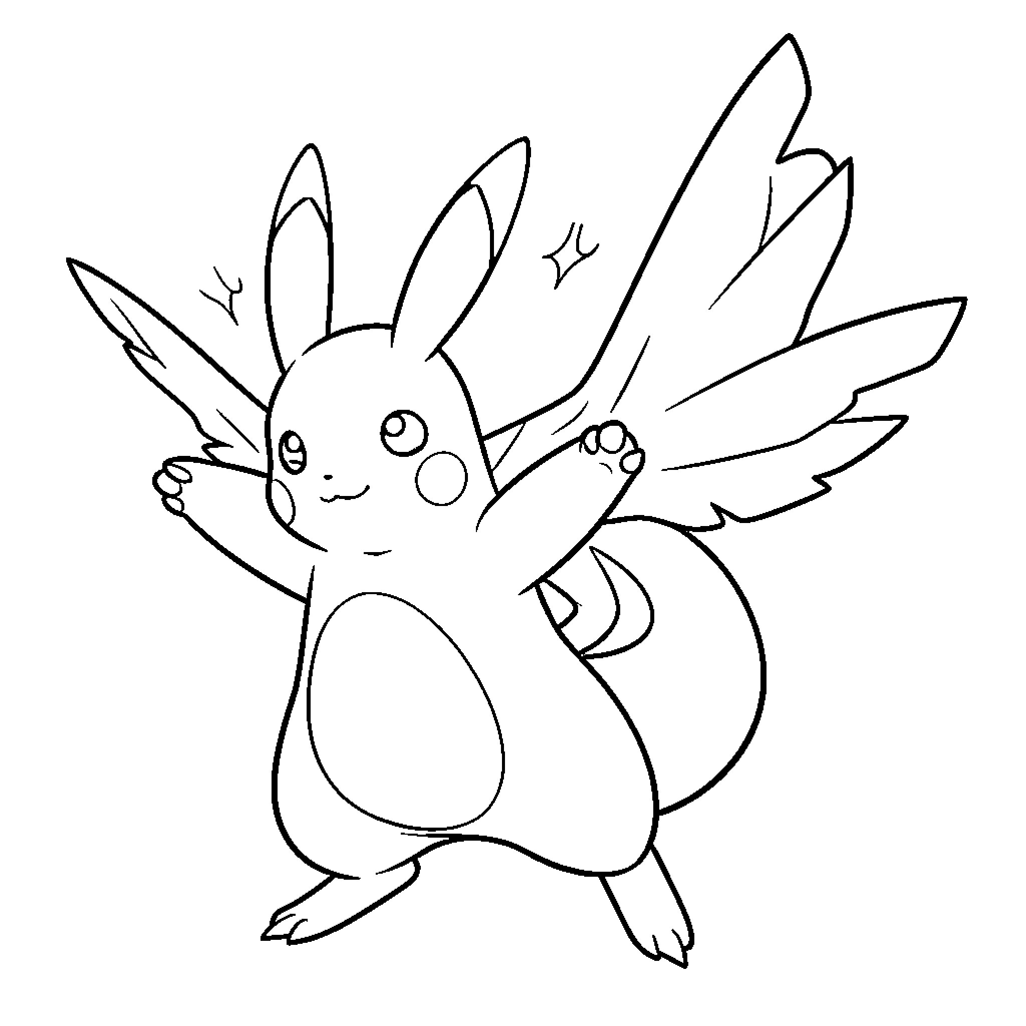 Pikachu posing joyfully with large wings Coloring Page (free black-and-white line drawing printable PDF for all, from beginners to advanced learners, including children, teens, adults, and seniors)