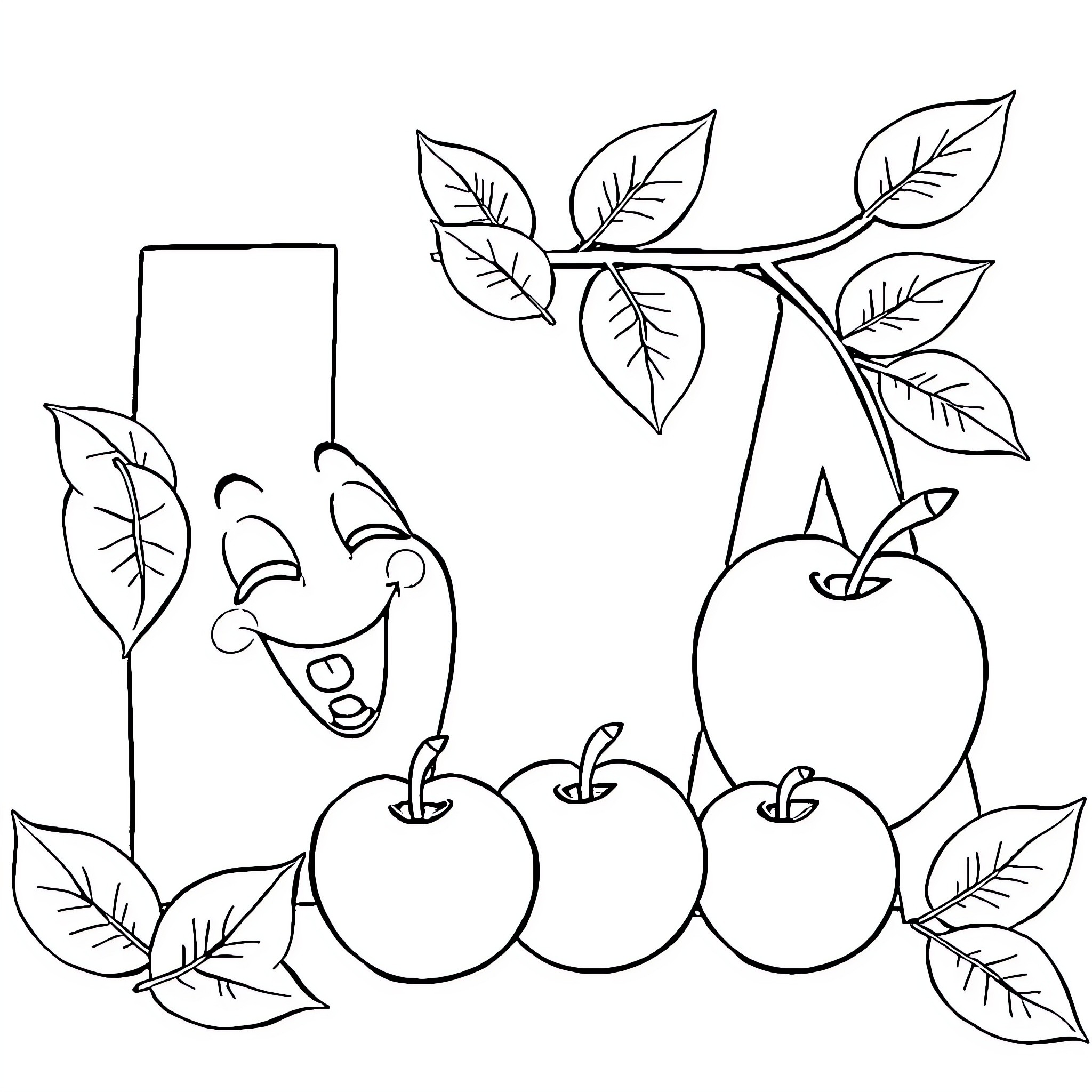 Letter A: Playful Apples and Foliage Coloring Page (free black-and-white line drawing printable PDF for all, from beginners to advanced learners, including children, teens, adults, and seniors)