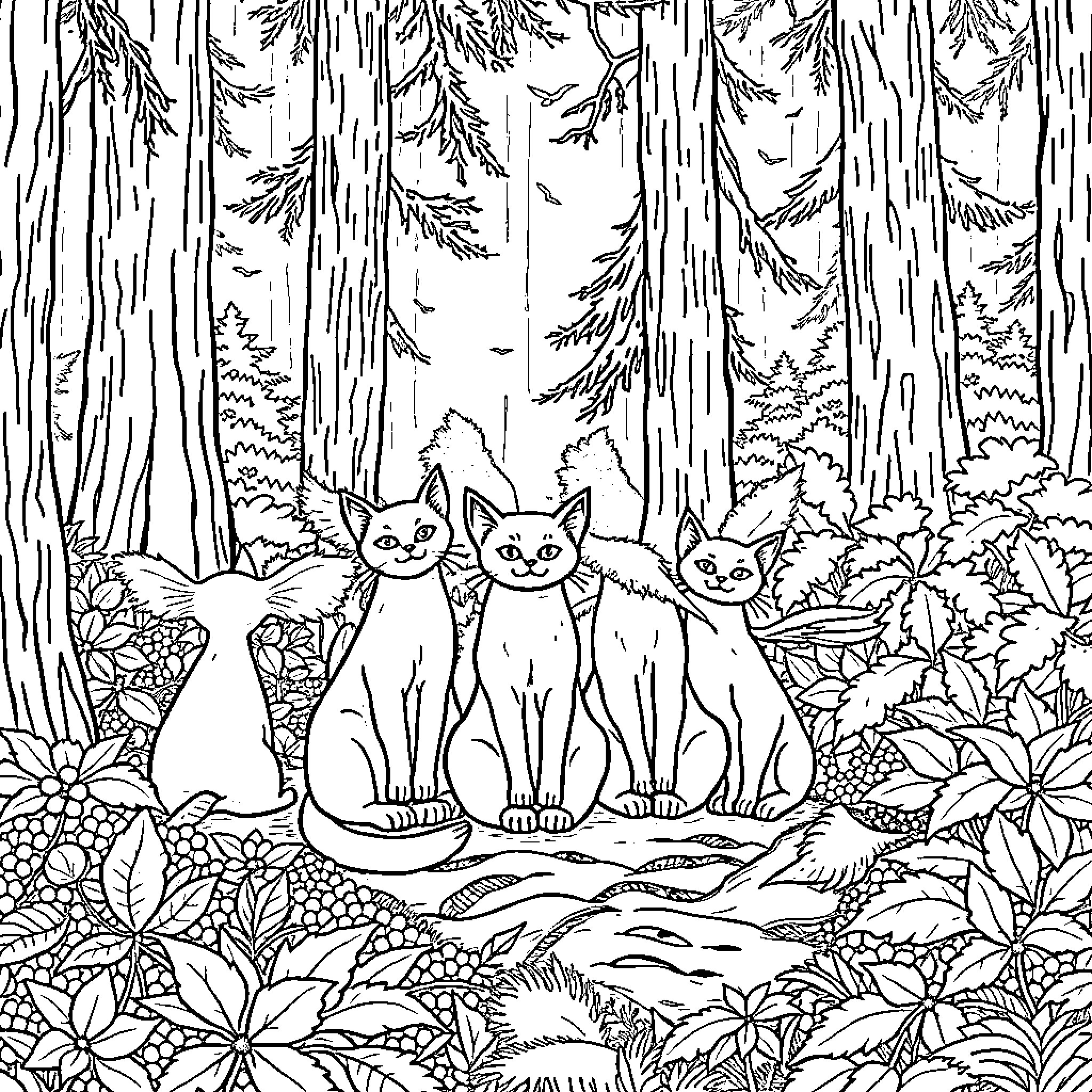 Winged Cat Family in a Magical Forest Coloring Page (free black-and-white line drawing printable PDF for all, from beginners to advanced learners, including children, teens, adults, and seniors)