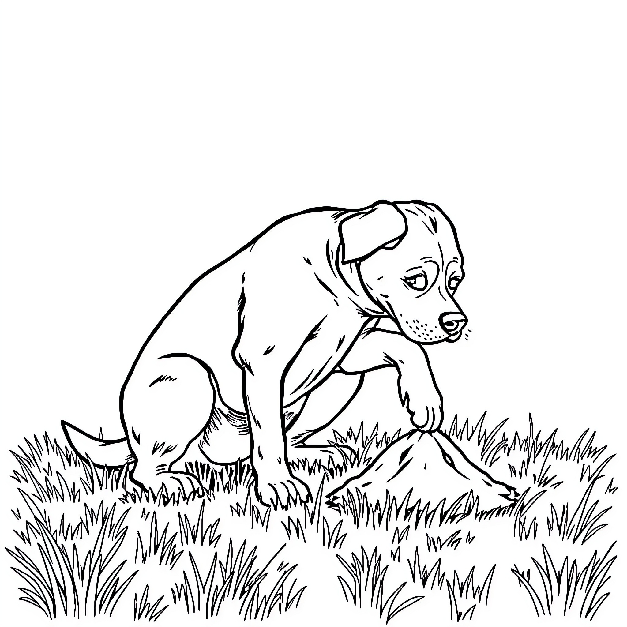 Dog exploring the grassy field Coloring Page (free black-and-white line drawing printable PDF for all, from beginners to advanced learners, including children, teens, adults, and seniors)