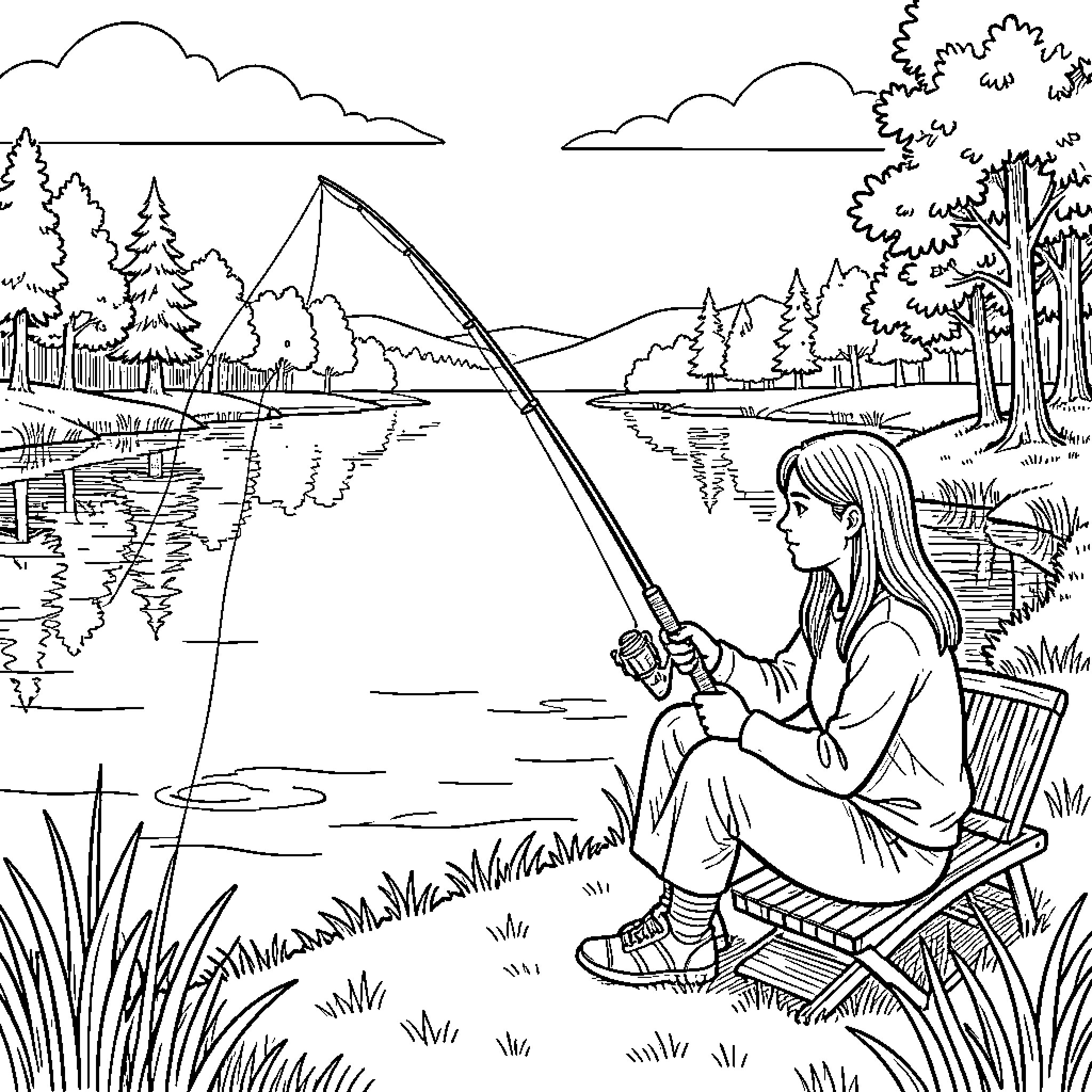 Fishing peacefully by a calm lake on a bench Coloring Page (free black-and-white line drawing printable PDF for all, from beginners to advanced learners, including children, teens, adults, and seniors)