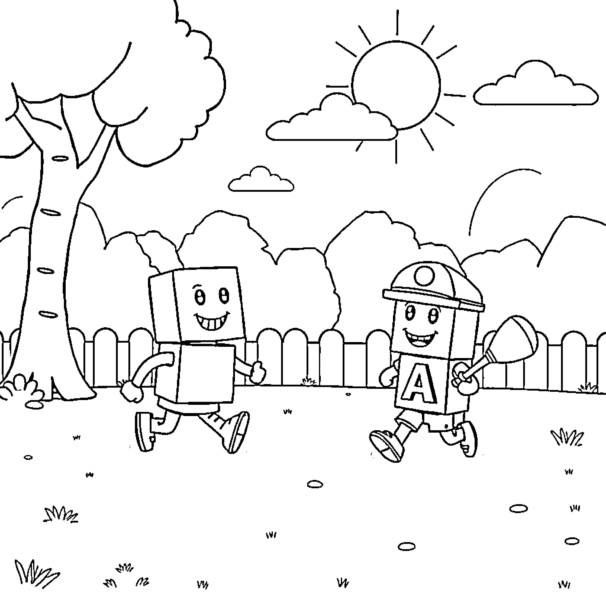 Numberblocks exploring the outdoors happily Coloring Page (free black-and-white line drawing printable PDF for all, from beginners to advanced learners, including children, teens, adults, and seniors)