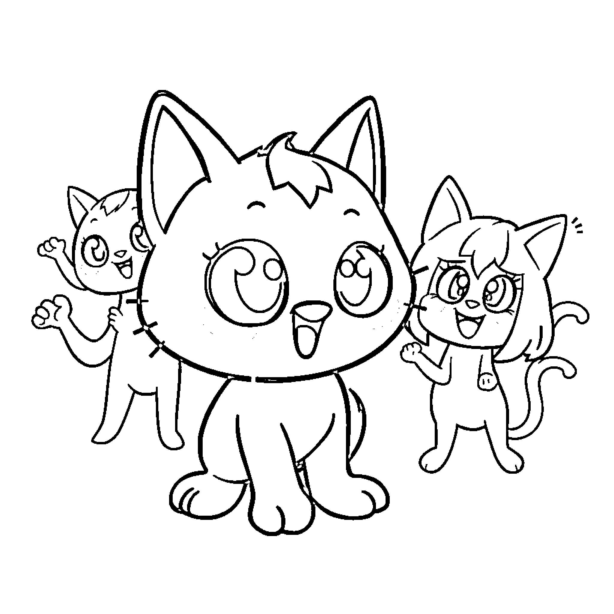 Gabychat Characters Happily Playing Together Coloring Page (free black-and-white line drawing printable PDF for all, from beginners to advanced learners, including children, teens, adults, and seniors)