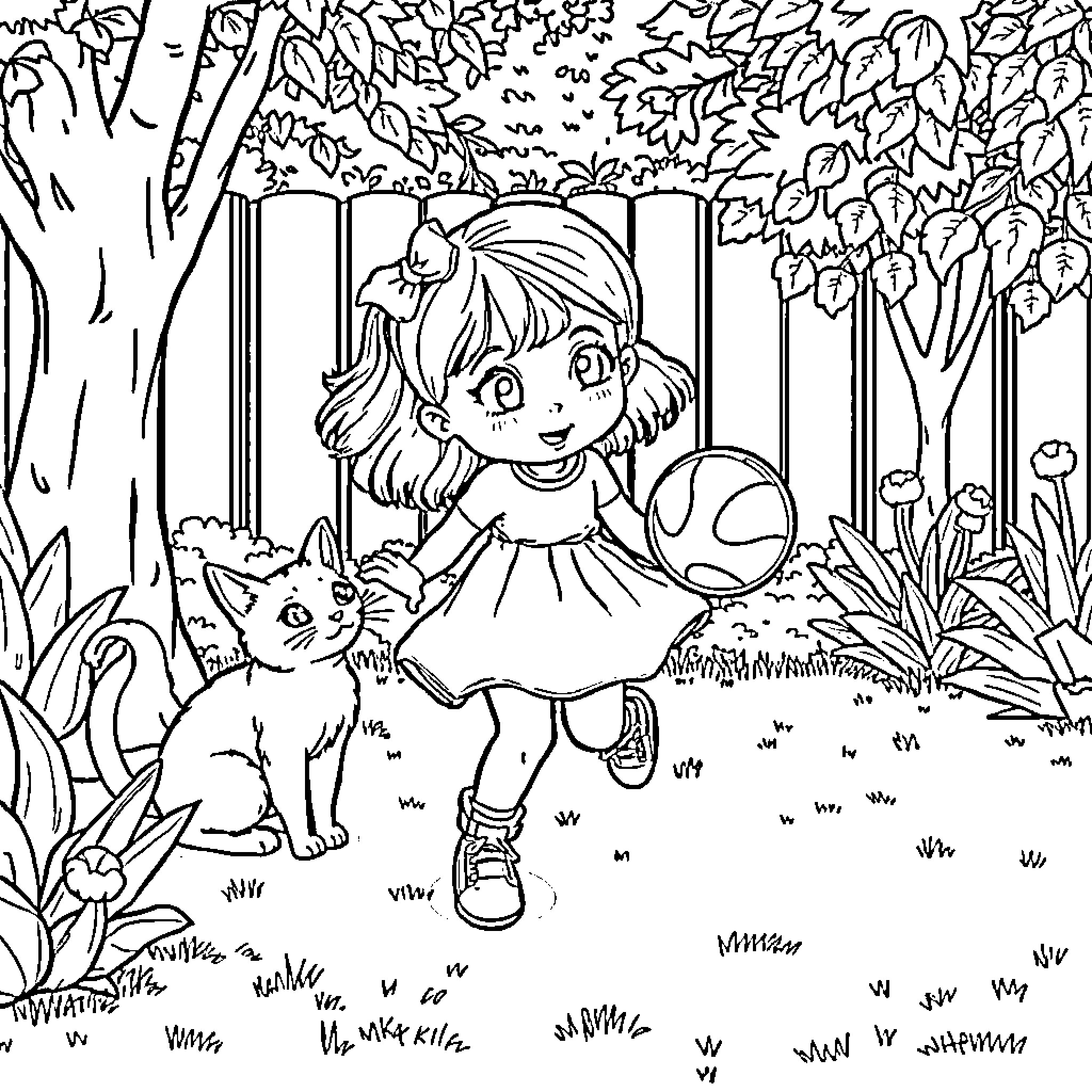 Girl exploring nature with her feline companion Coloring Page (free black-and-white line drawing printable PDF for all, from beginners to advanced learners, including children, teens, adults, and seniors)