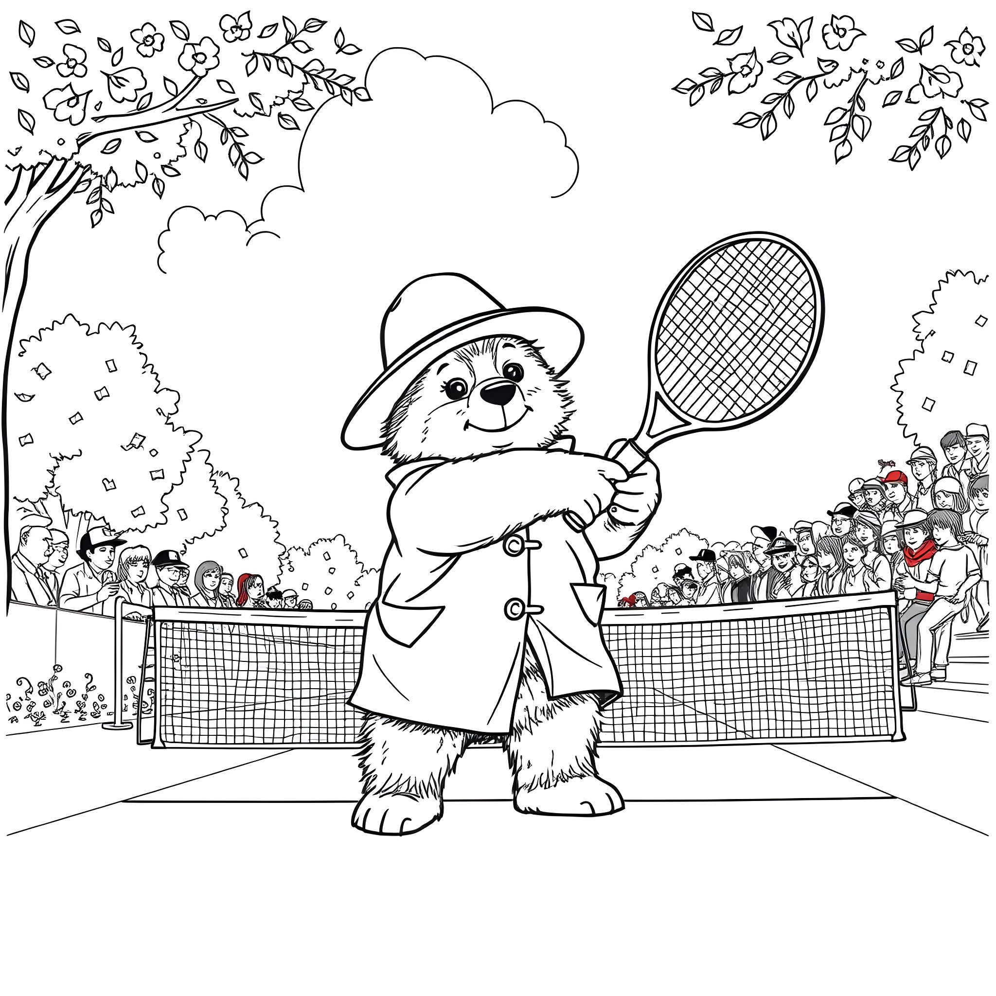 Paddington playing tennis on the court Coloring Page (free black-and-white line drawing printable PDF for all, from beginners to advanced learners, including children, teens, adults, and seniors)