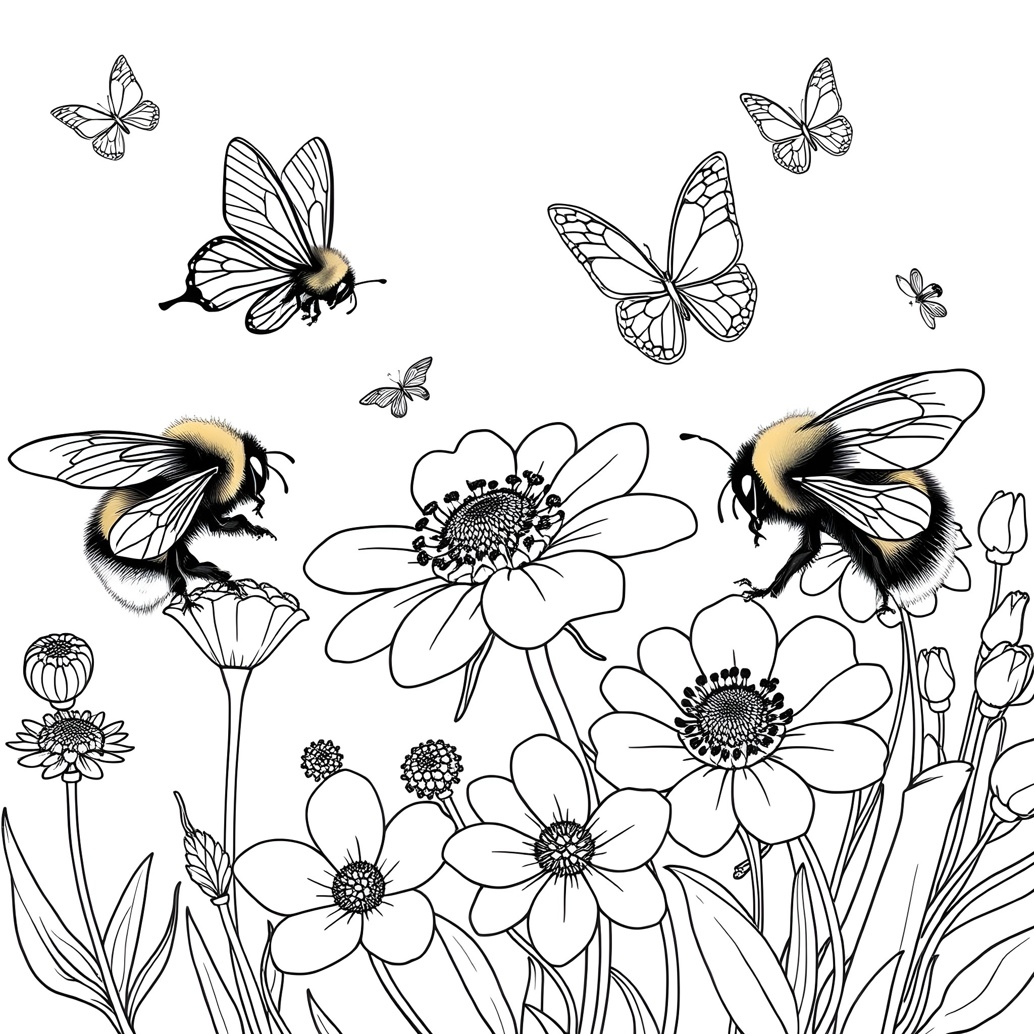 Bumblebees and butterflies in a floral garden Coloring Page (free black-and-white line drawing printable PDF for all, from beginners to advanced learners, including children, teens, adults, and seniors)