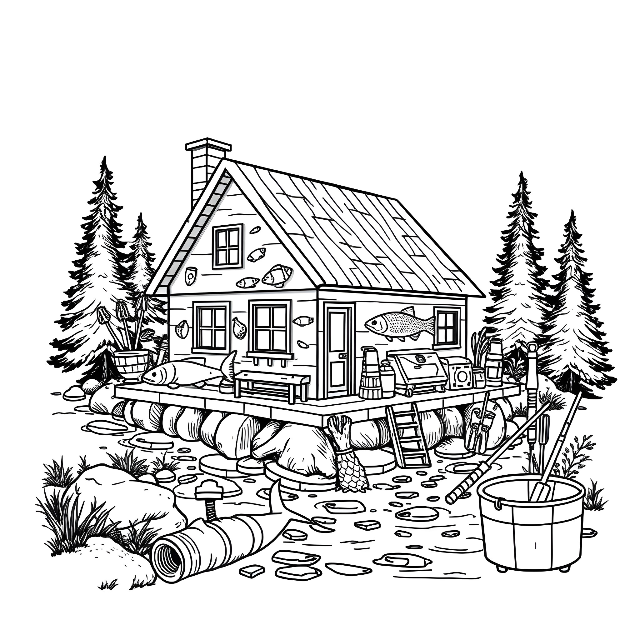 Salmon fishing cabin in the woods Coloring Page (free black-and-white line drawing printable PDF for all, from beginners to advanced learners, including children, teens, adults, and seniors)