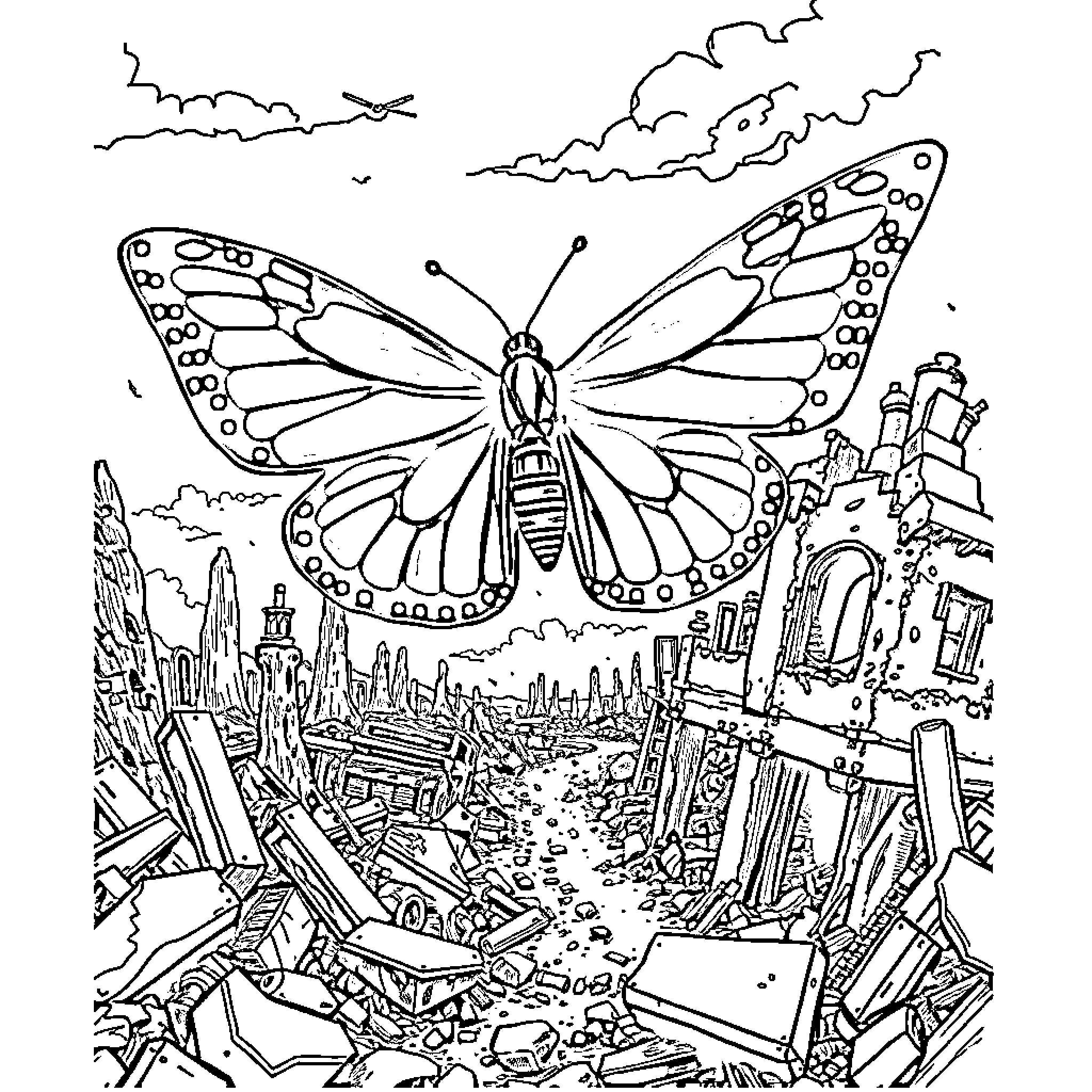 Butterfly soaring above the cityscape Coloring Page (free black-and-white line drawing printable PDF for all, from beginners to advanced learners, including children, teens, adults, and seniors)